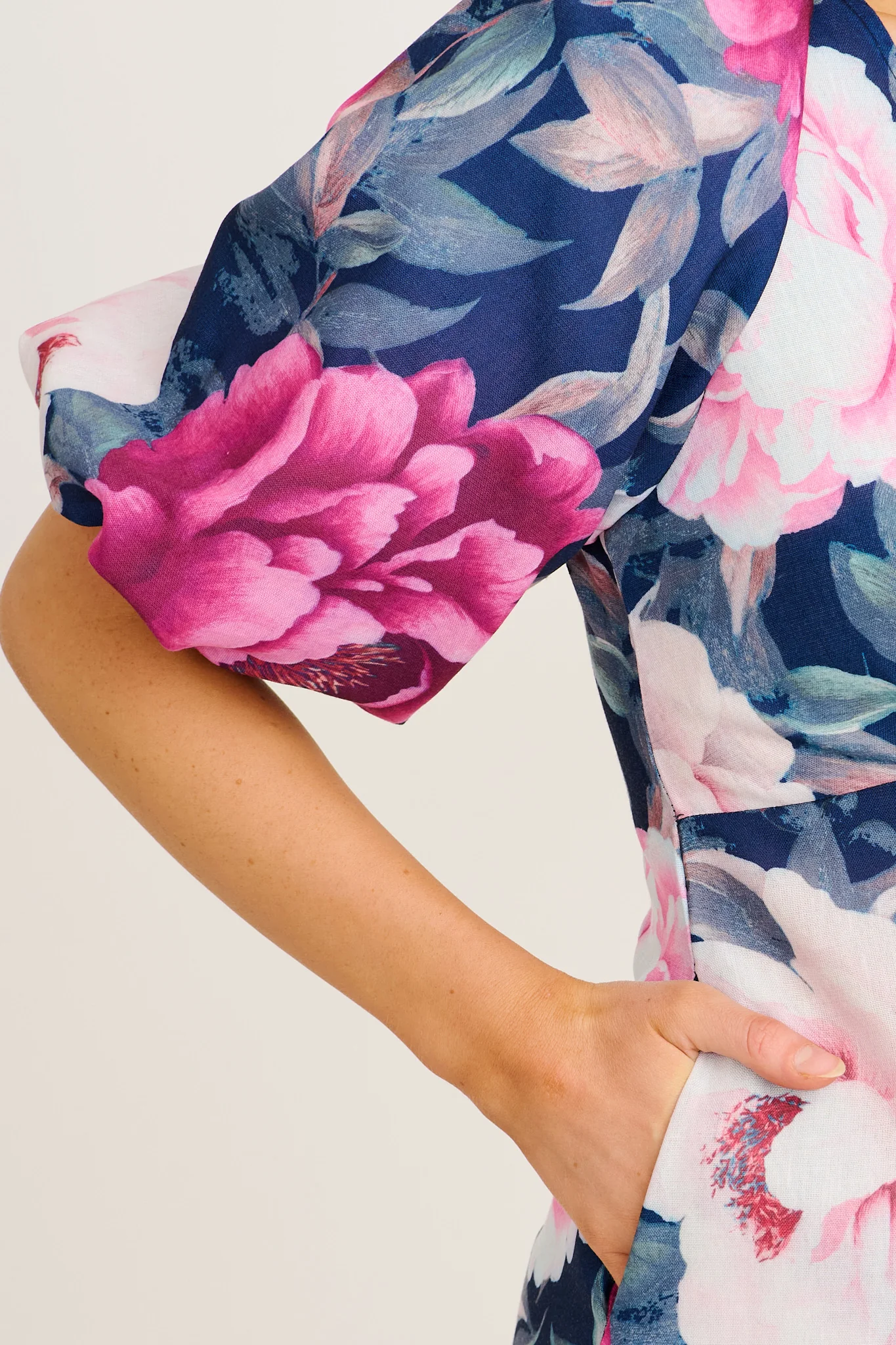 Secret Radiance Maxi Dress in Navy with Pink Floral Cotton Linen - Image 10