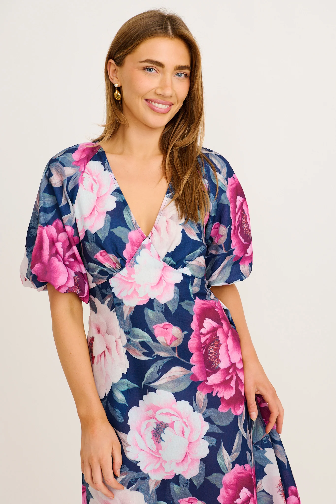 Secret Radiance Maxi Dress in Navy with Pink Floral Cotton Linen - Image 7