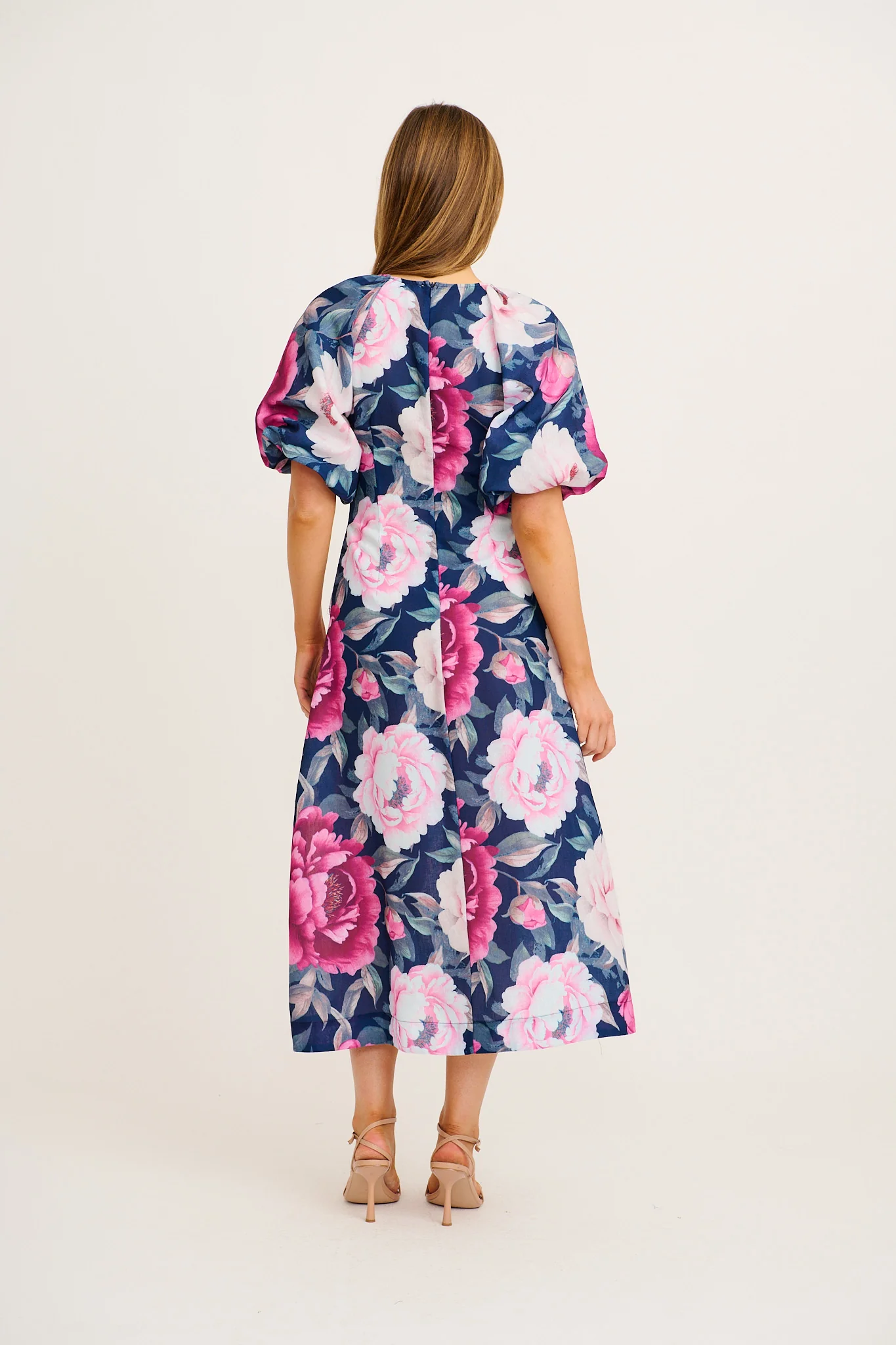 Secret Radiance Maxi Dress in Navy with Pink Floral Cotton Linen - Image 9
