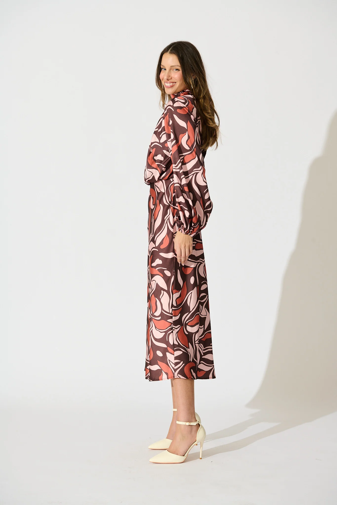 Sepia Bloom Midi Dress in Multi Brown Print Satin - Image 4