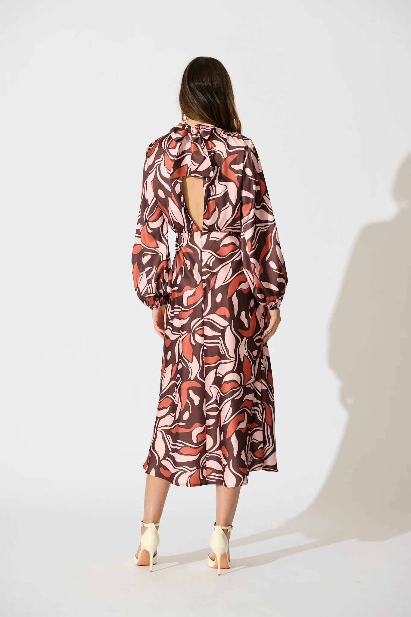 Sepia Bloom Midi Dress in Multi Brown Print Satin - Image 5