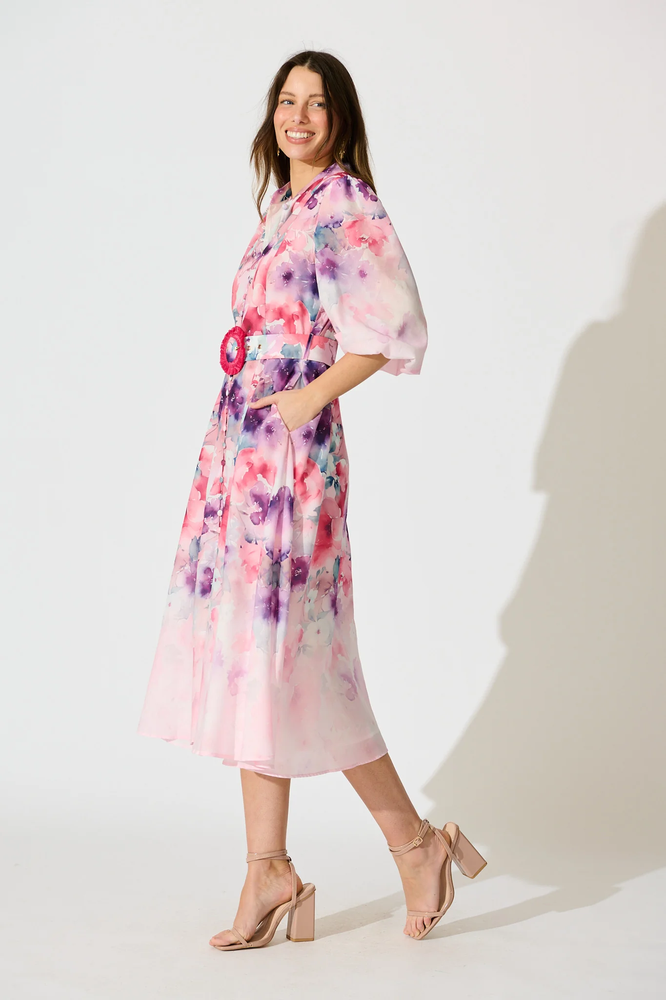 Serenade Bloom Midi Dress in Pink with Multi Floral Cotton Blend - Image 3