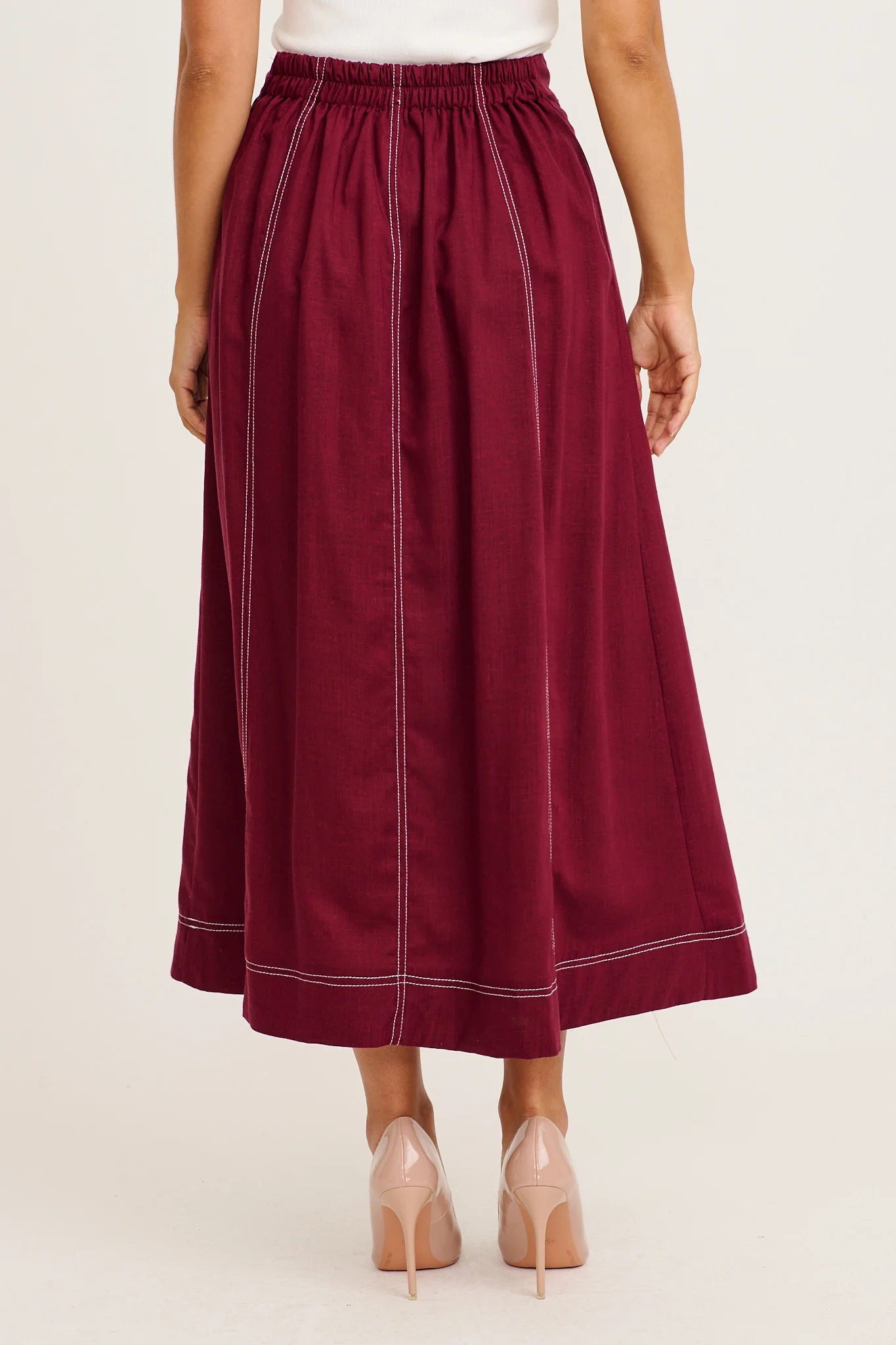 Sharp Hour Maxi Skirt in Wine Linen Blend - Image 3