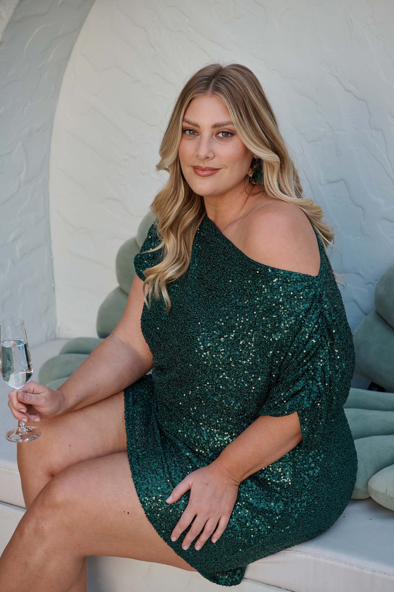 Shayla Off Shoulder Dress in Emerald Sequin - Image 4