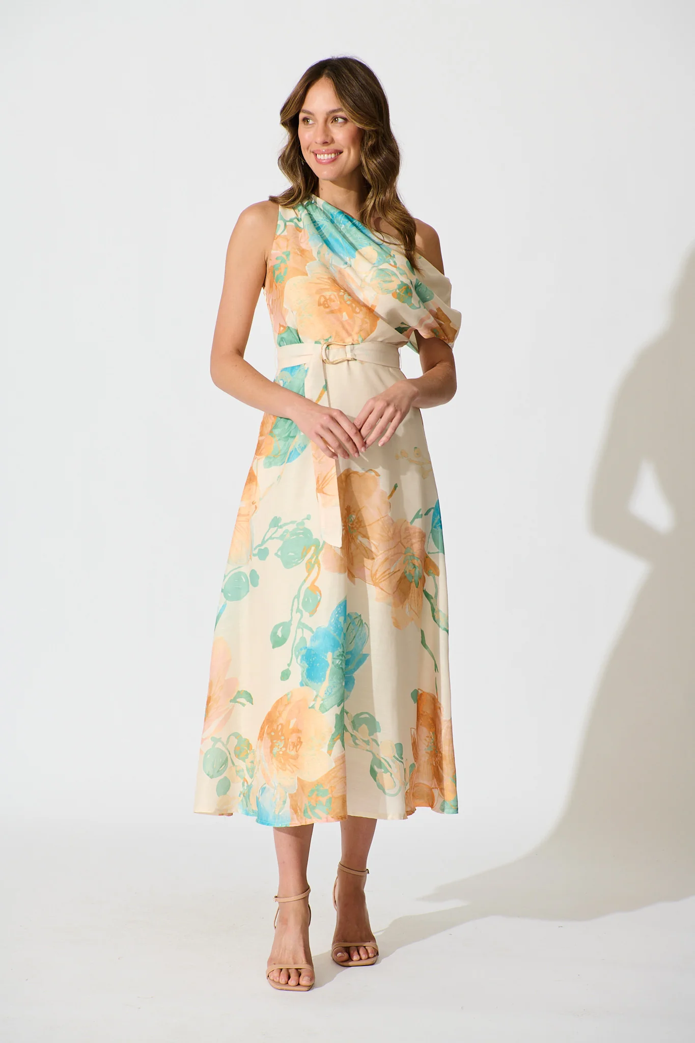 Shelbi Maxi Off Shoulder Dress in Tangerine with Blue Floral