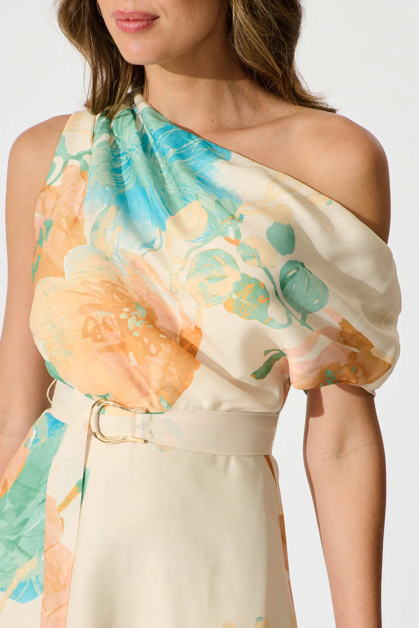Shelbi Maxi Off Shoulder Dress in Tangerine with Blue Floral - Image 5