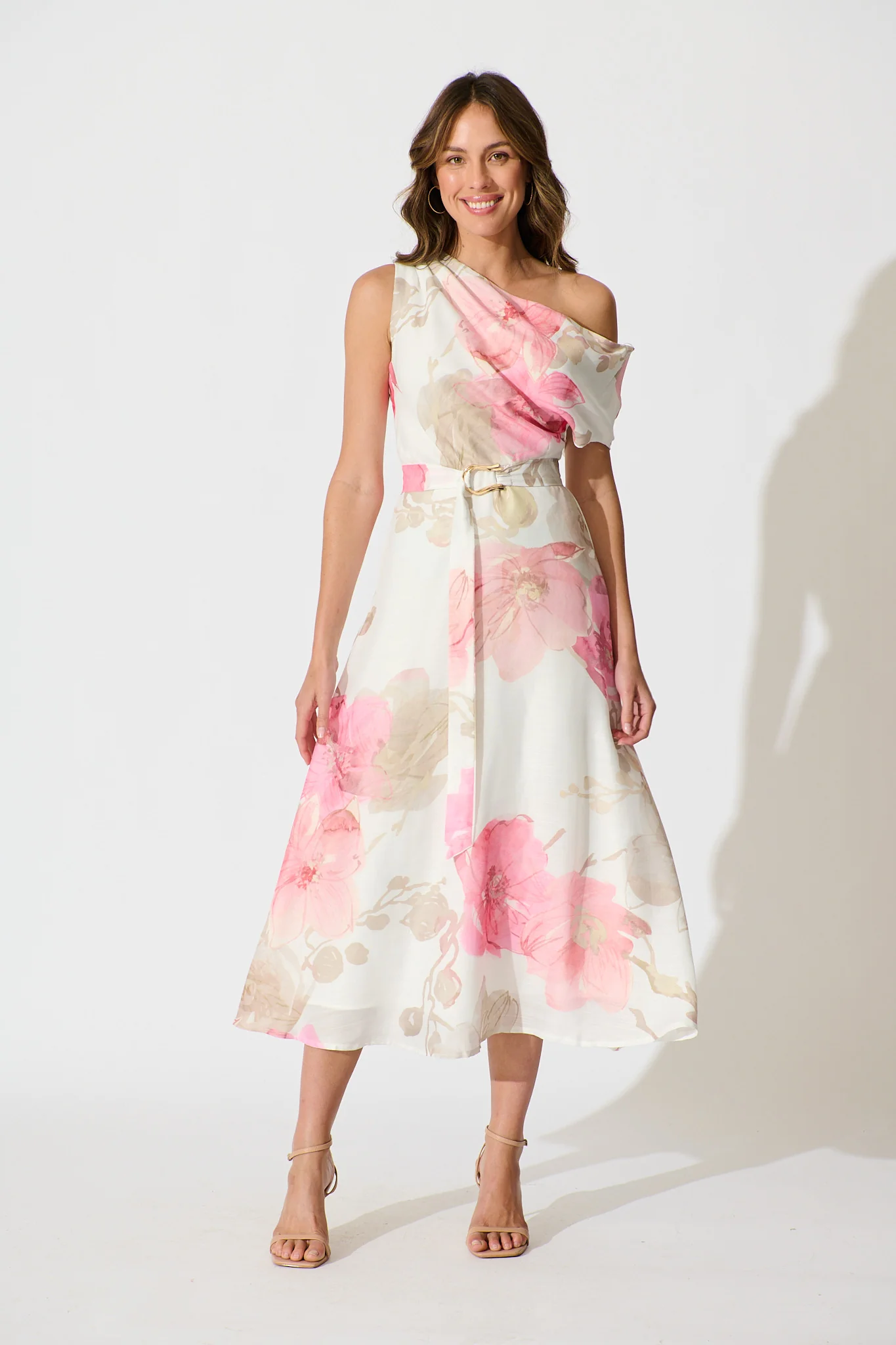 Shelbi Maxi Off Shoulder Dress in White with Pink Floral - Image 3