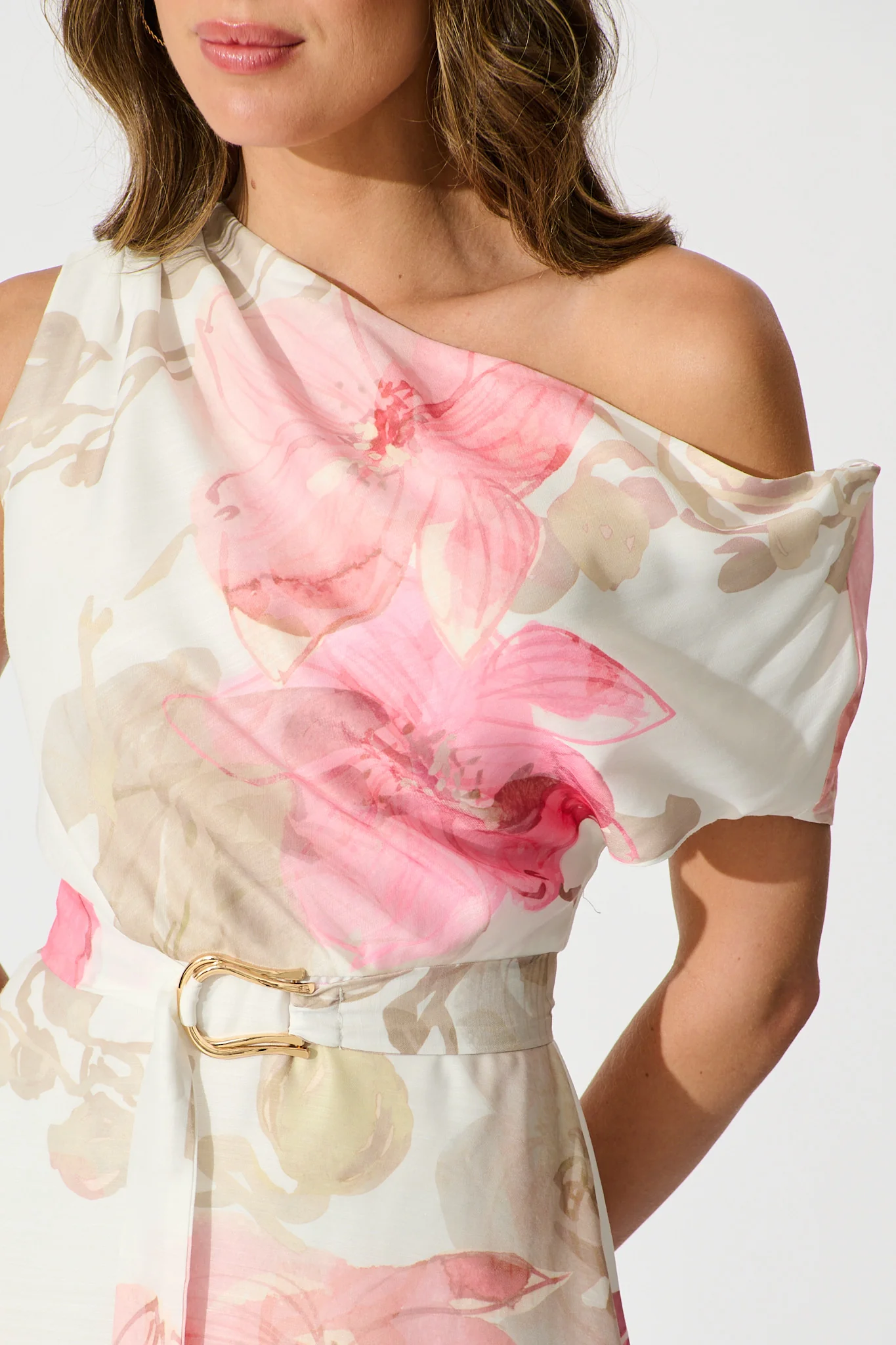 Shelbi Maxi Off Shoulder Dress in White with Pink Floral - Image 8