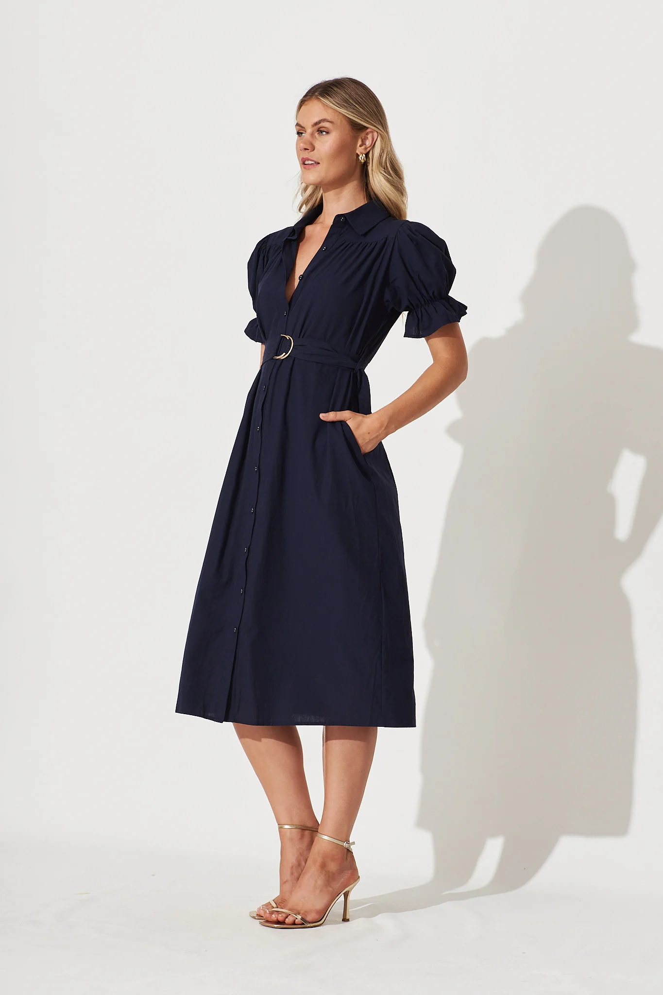 Sicilly Midi Shirt Dress In Navy Cotton - Image 3