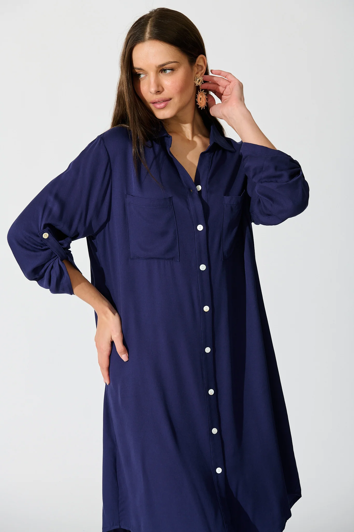 Silvena Midi Shirt Dress in Navy - Image 2