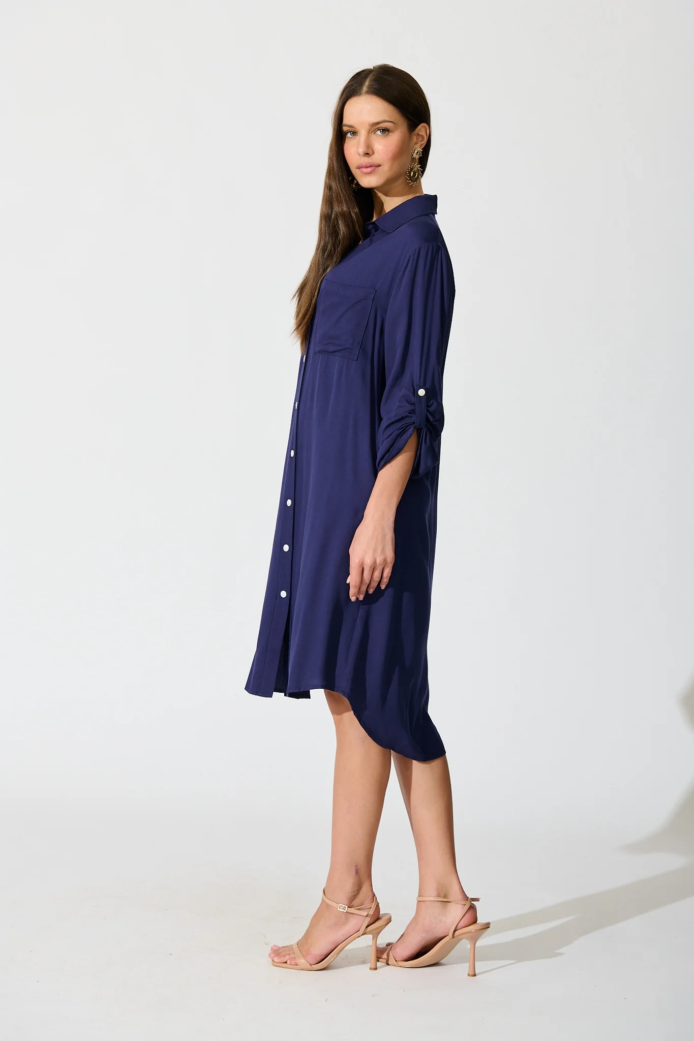 Silvena Midi Shirt Dress in Navy - Image 3
