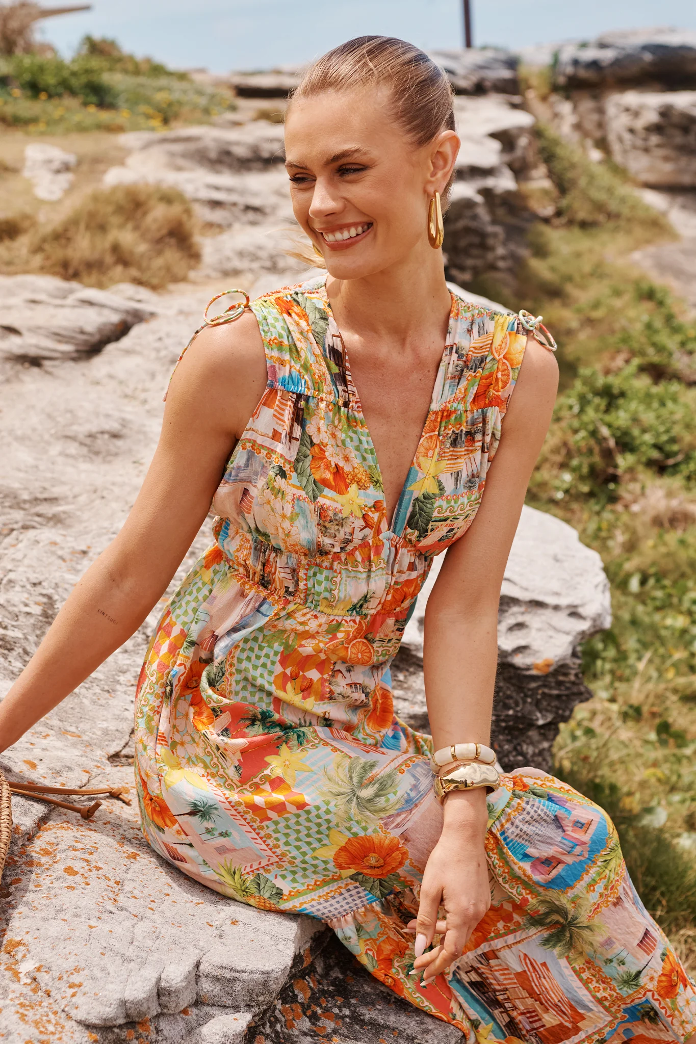 Sipping Sunshine Midi Dress in Multi Postcard Print - Image 2