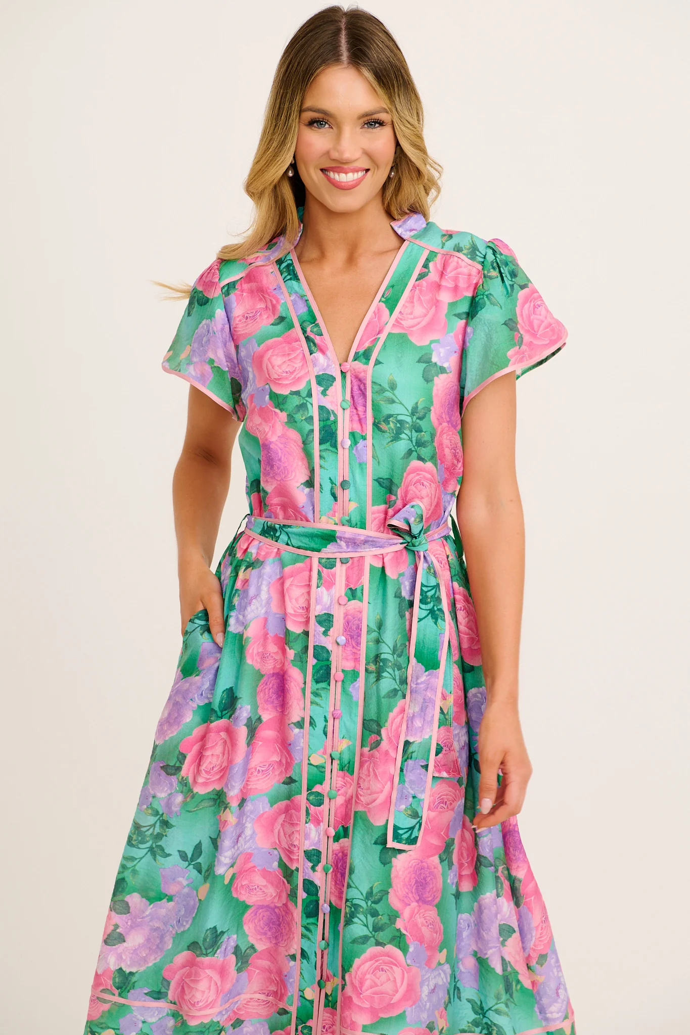 Social Hour Midi Dress in Green Multi Floral Cotton Blend - Image 2