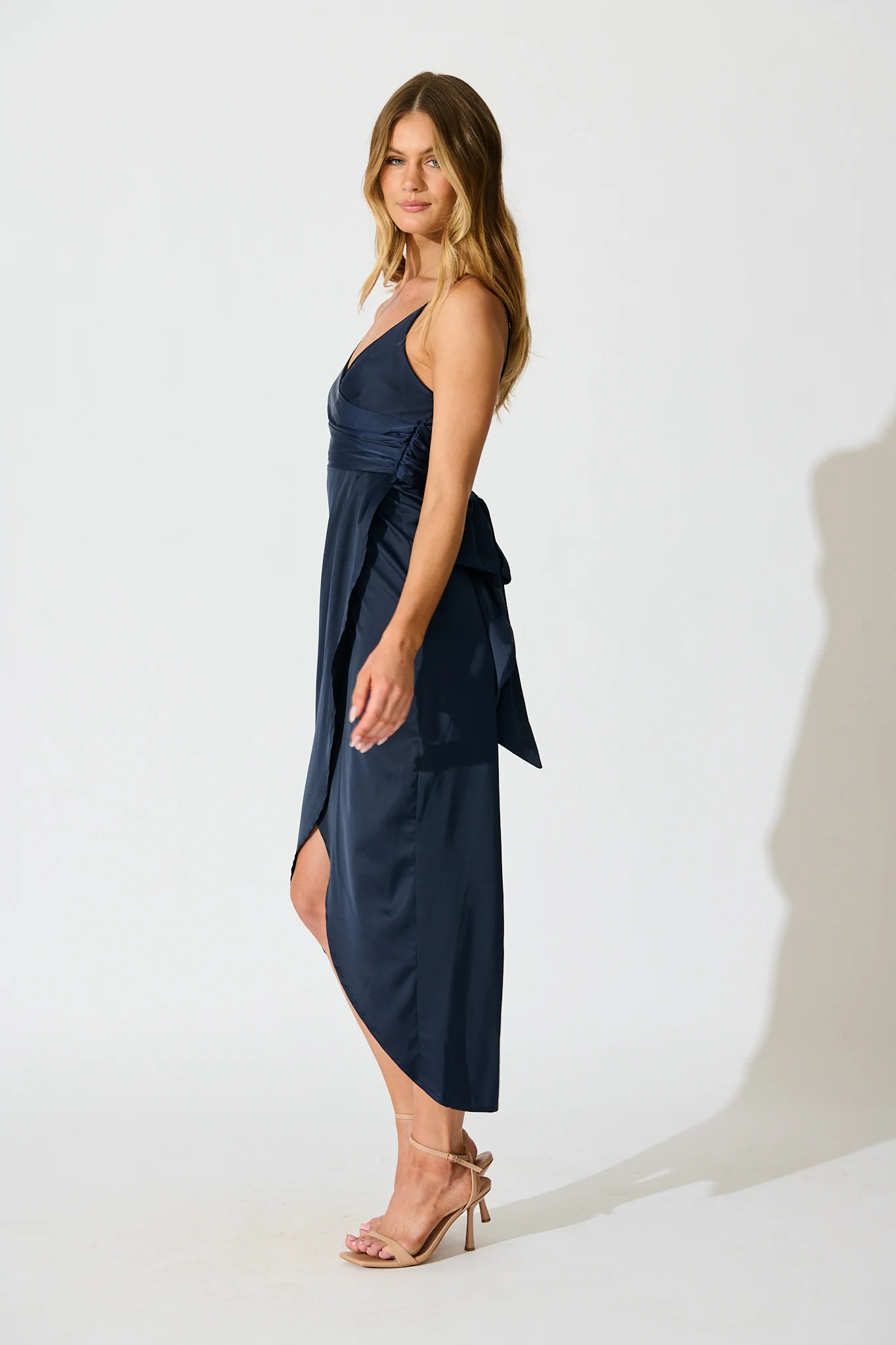 Softly Spoken Midi Dress in Navy Satin - Image 8