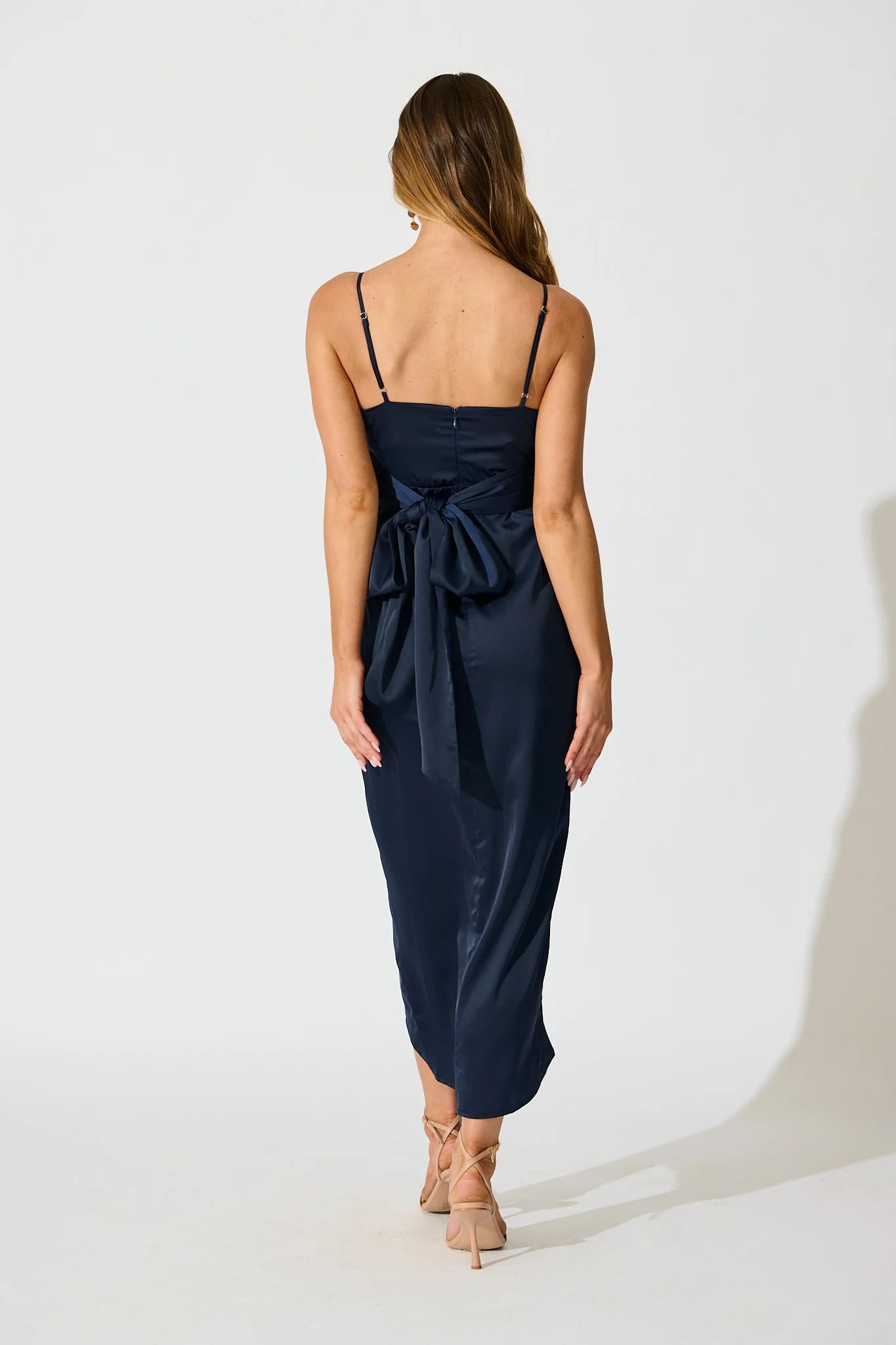 Softly Spoken Midi Dress in Navy Satin - Image 9