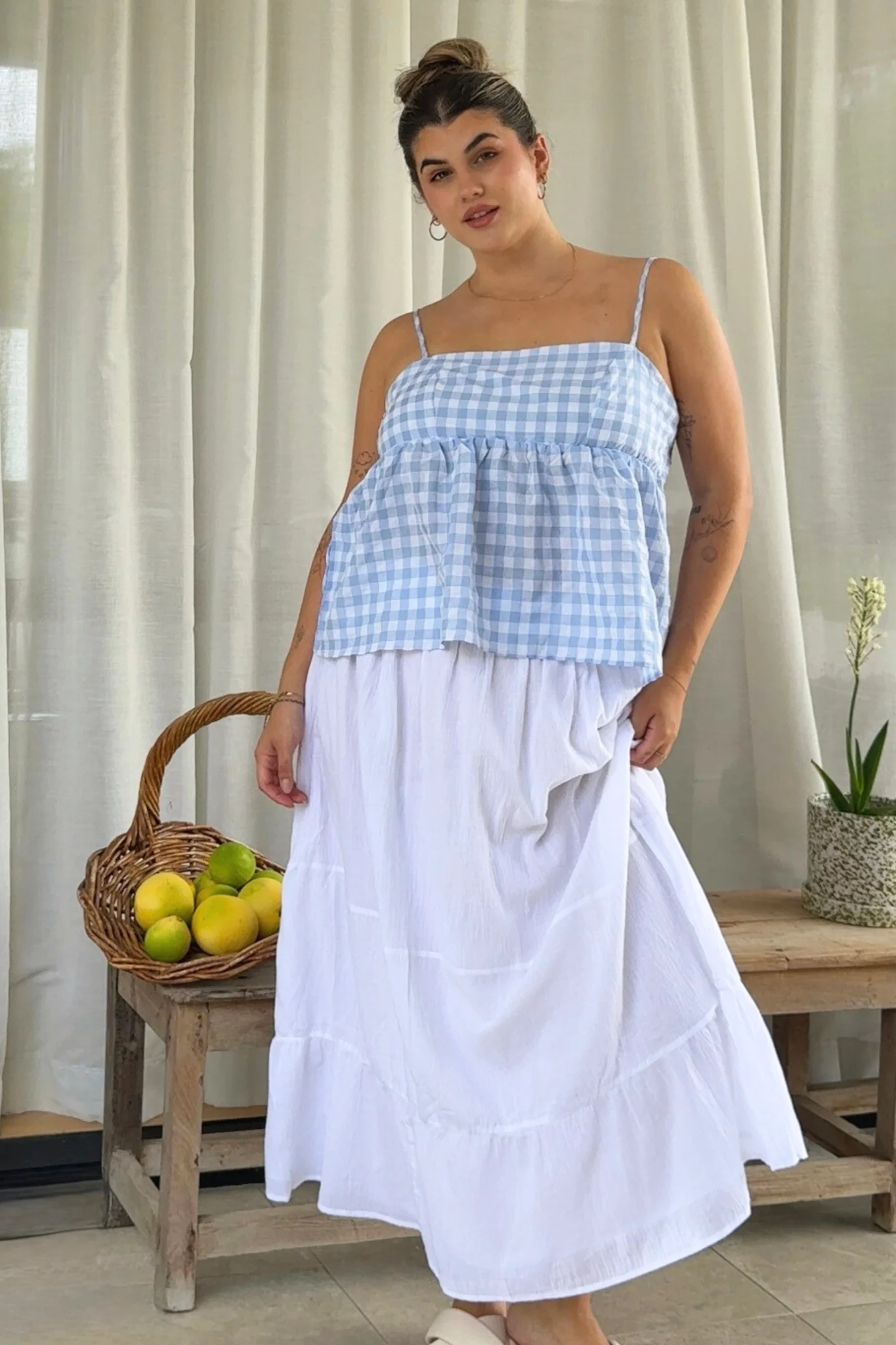 Sola Top in Blue Gingham Cotton Blend - Image 7