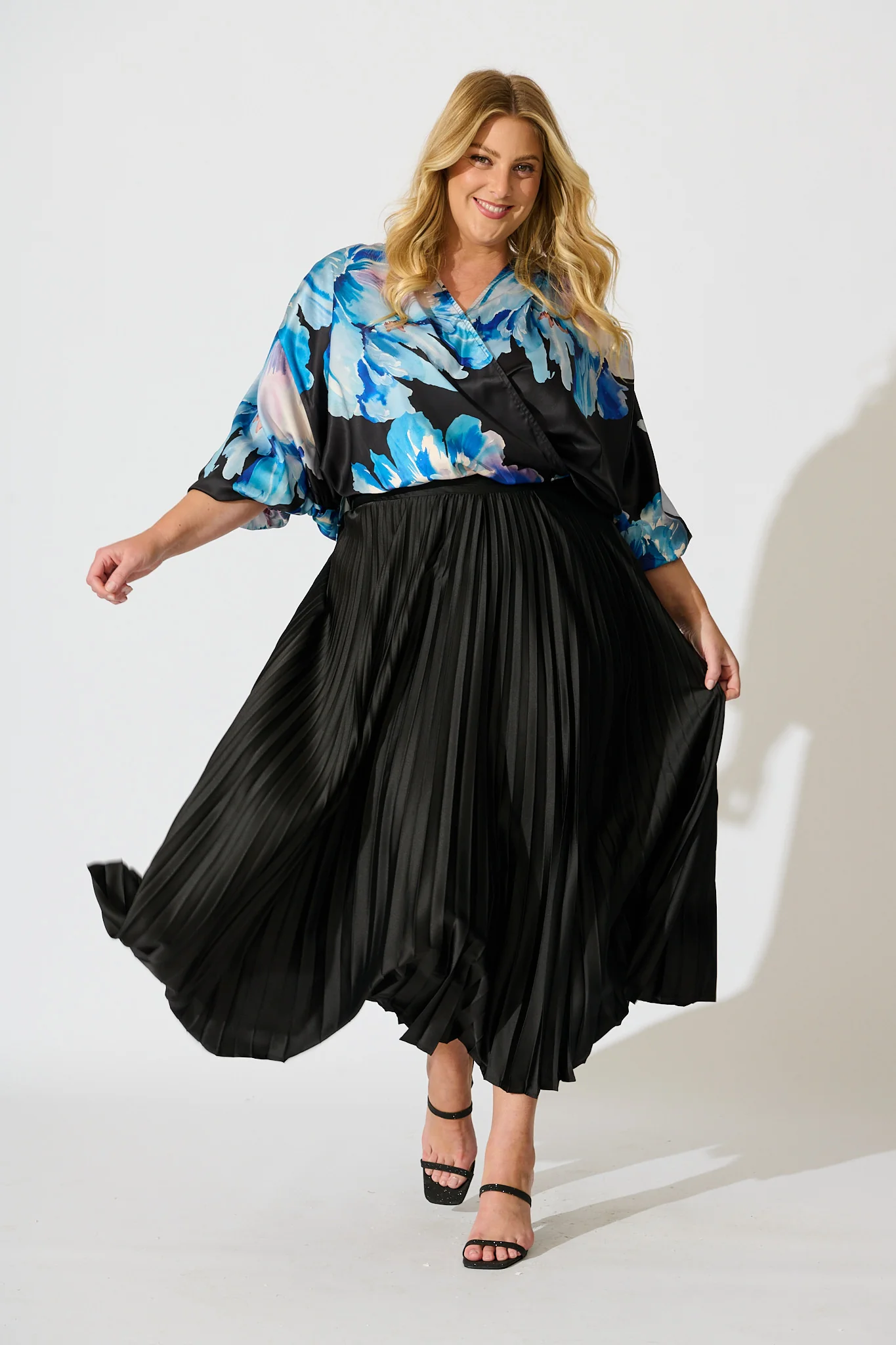 Solita Top in Black with Blue Floral Satin - Image 6