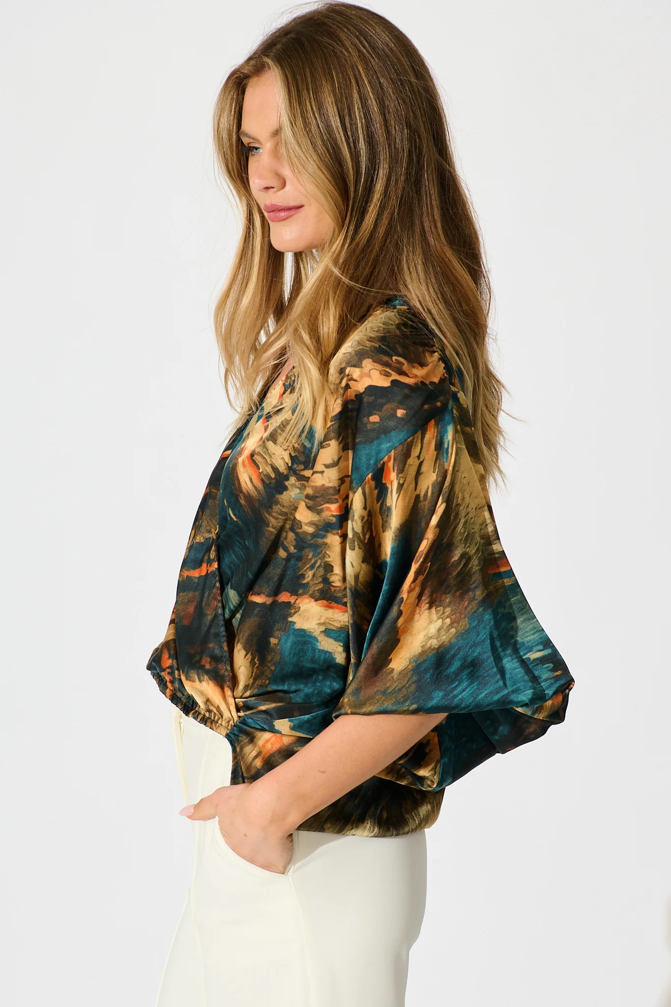Solita Top in Teal Multi Watercolour Satin - Image 2