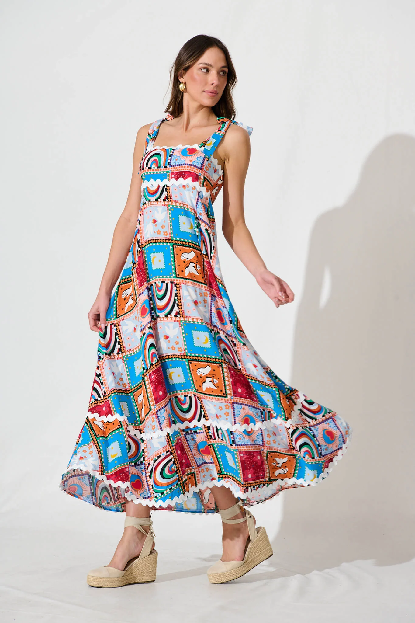 Somerset Maxi Sundress In Bright Multi With Ric Rac Trim - Image 3