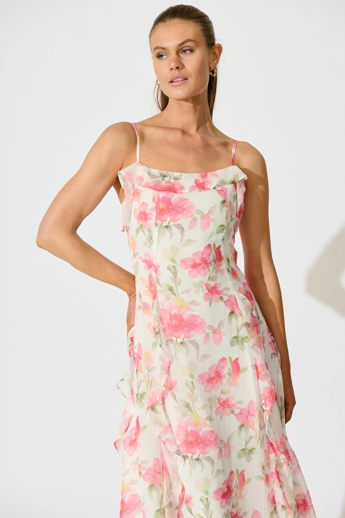 Song Of Bloom Maxi Dress in White with Pink Floral - Image 2