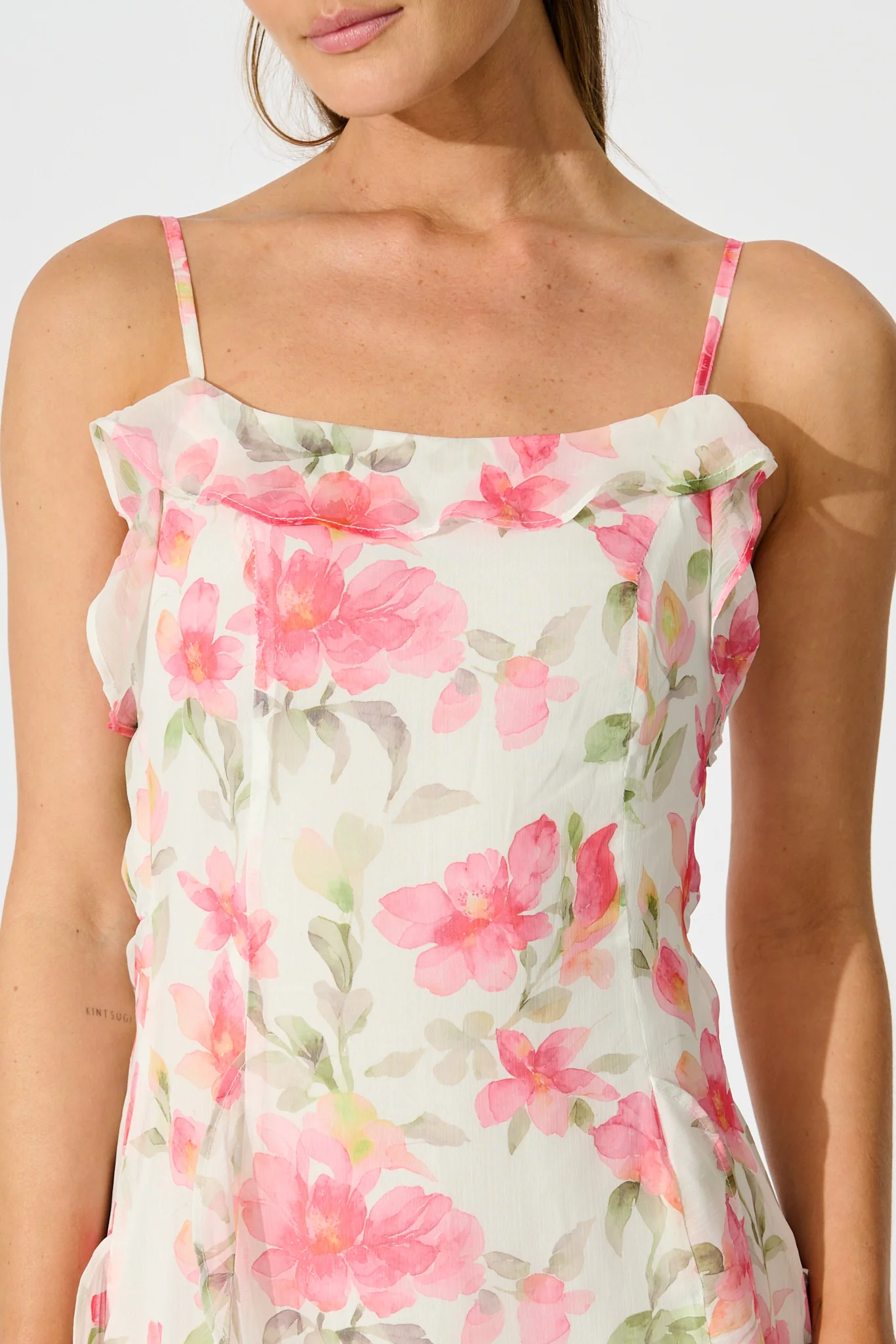 Song Of Bloom Maxi Dress in White with Pink Floral - Image 5
