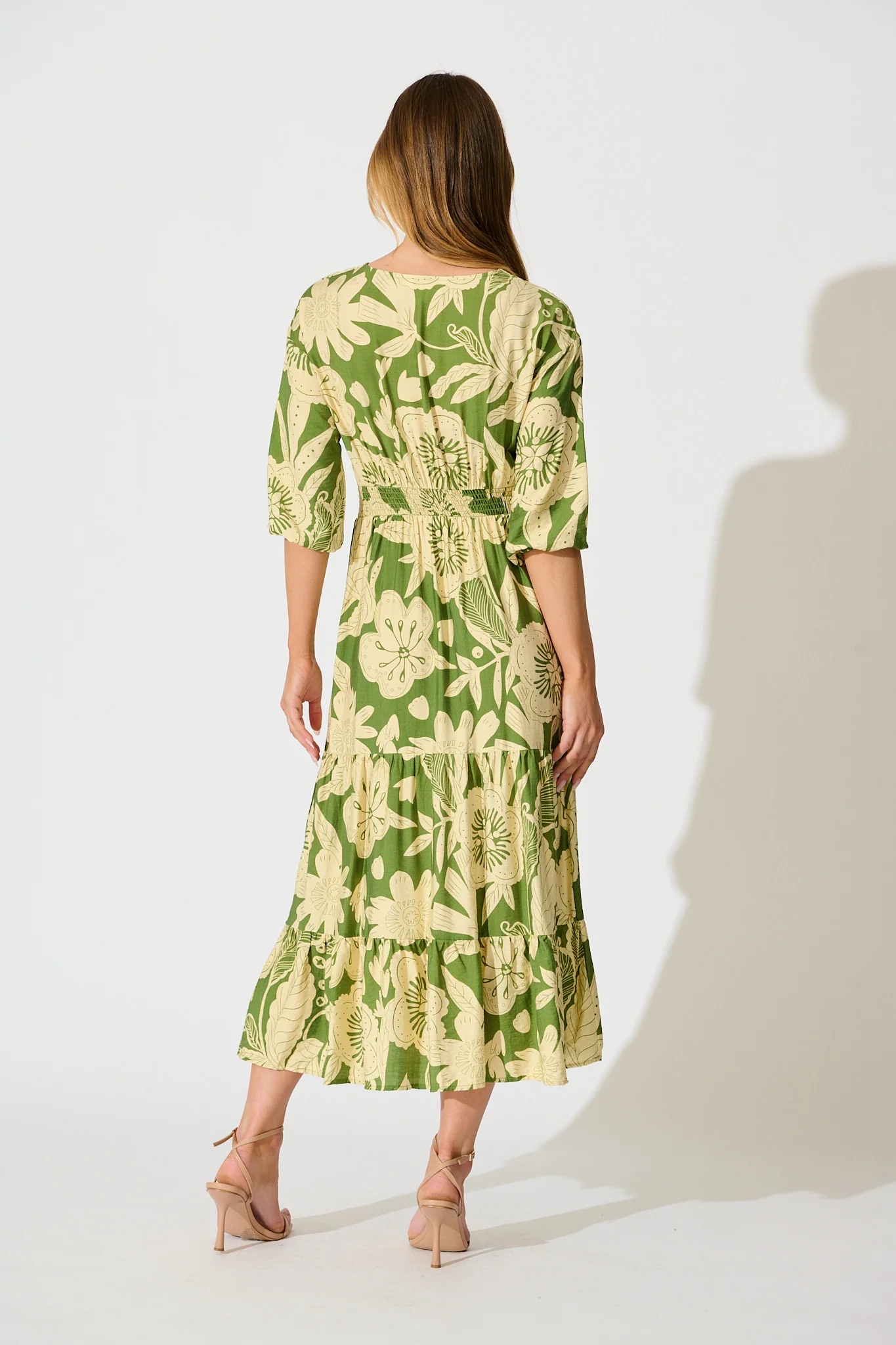 Sonnet Midi Dress in Green with Cream Floral - Image 4