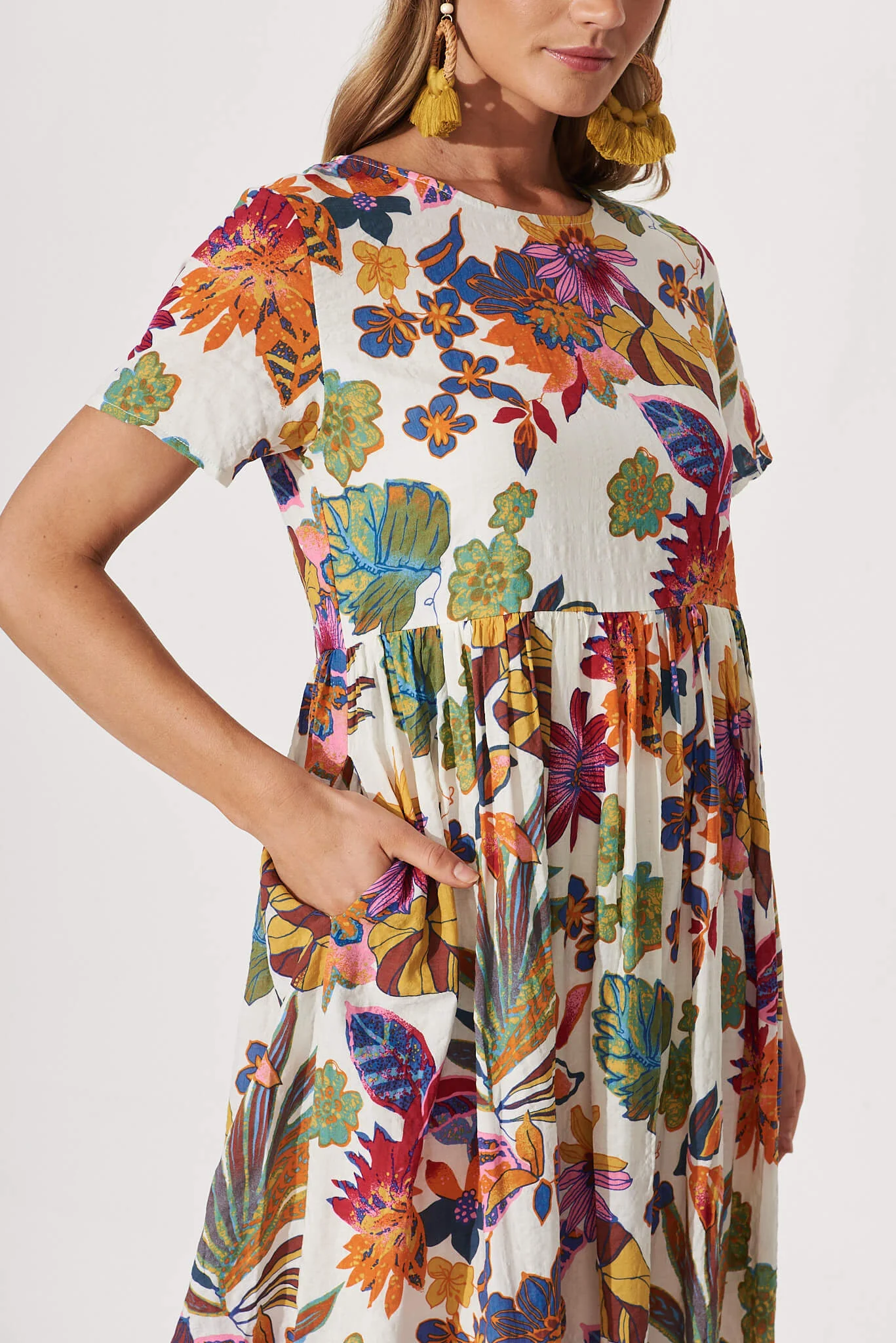 Sonya Smock Midi Dress In White With Bright Multi Floral - Image 5