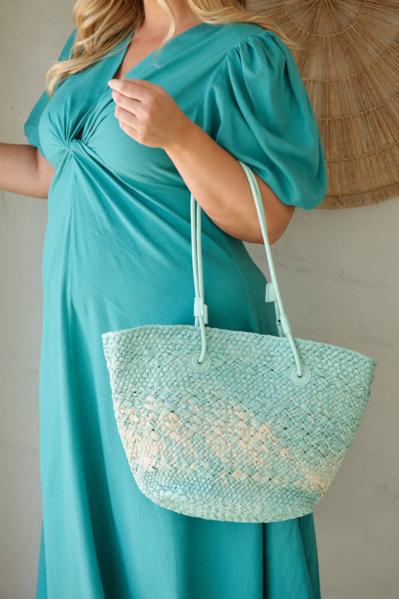 Sorrento Tote Bag in Aqua and Beige Raffia