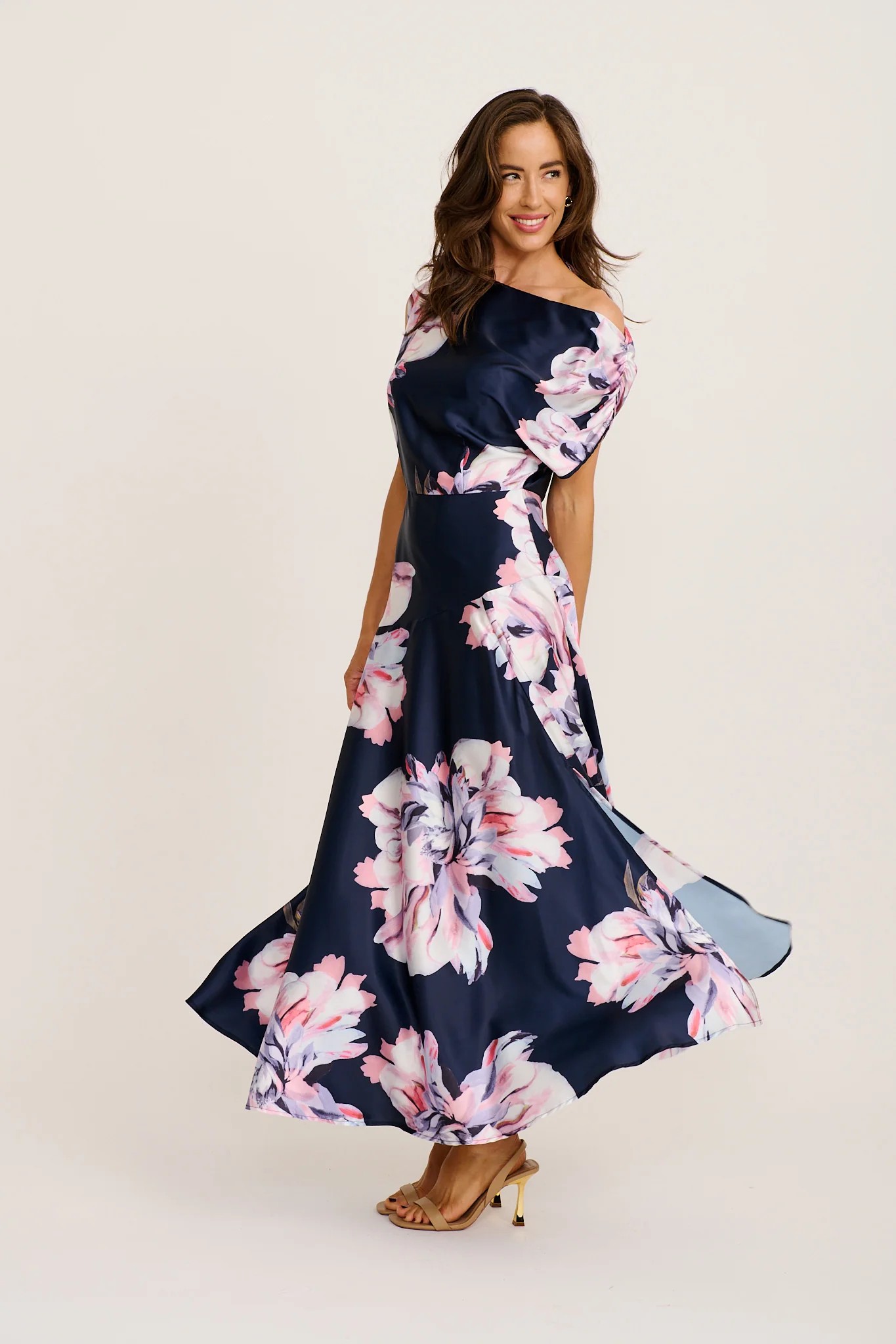 Spark Maxi Off Shoulder Dress in Navy Floral Satin - Image 3