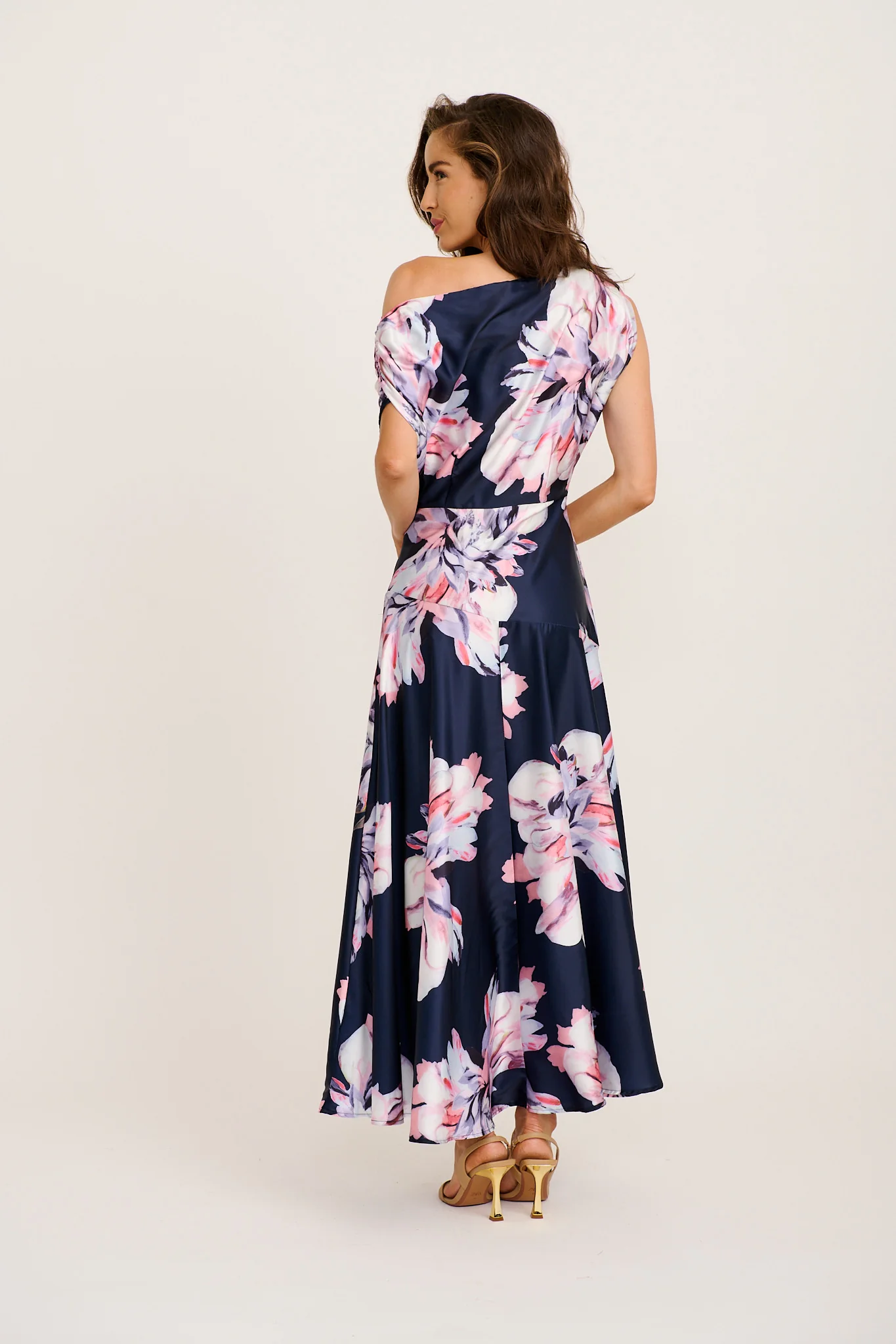 Spark Maxi Off Shoulder Dress in Navy Floral Satin - Image 4