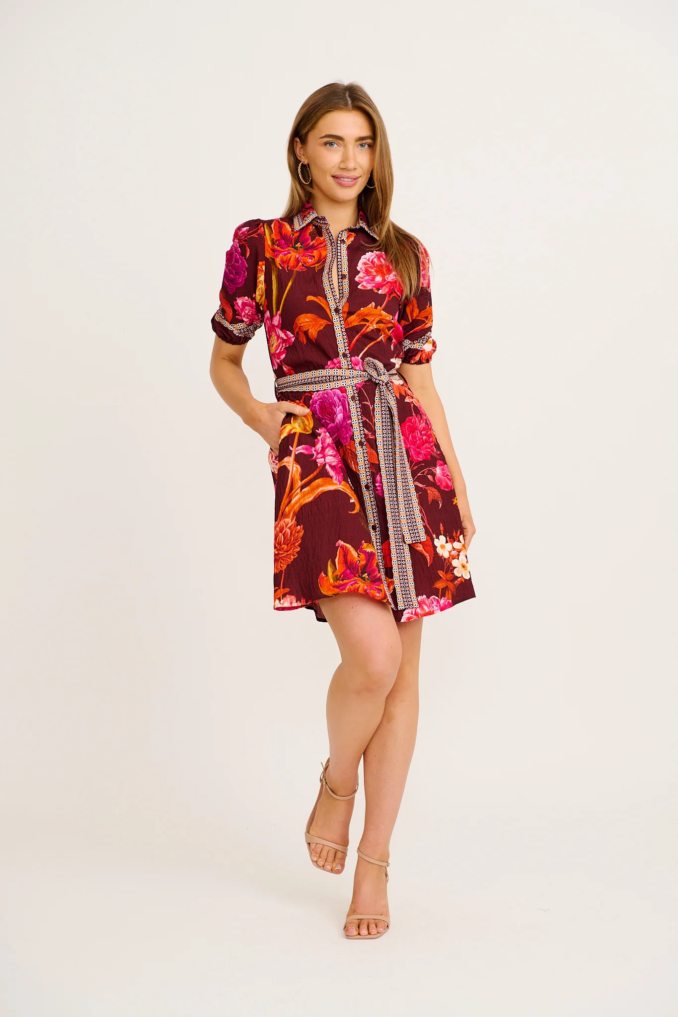 Spirit Shirt Dress in Wine Multi Floral Print Linen Blend