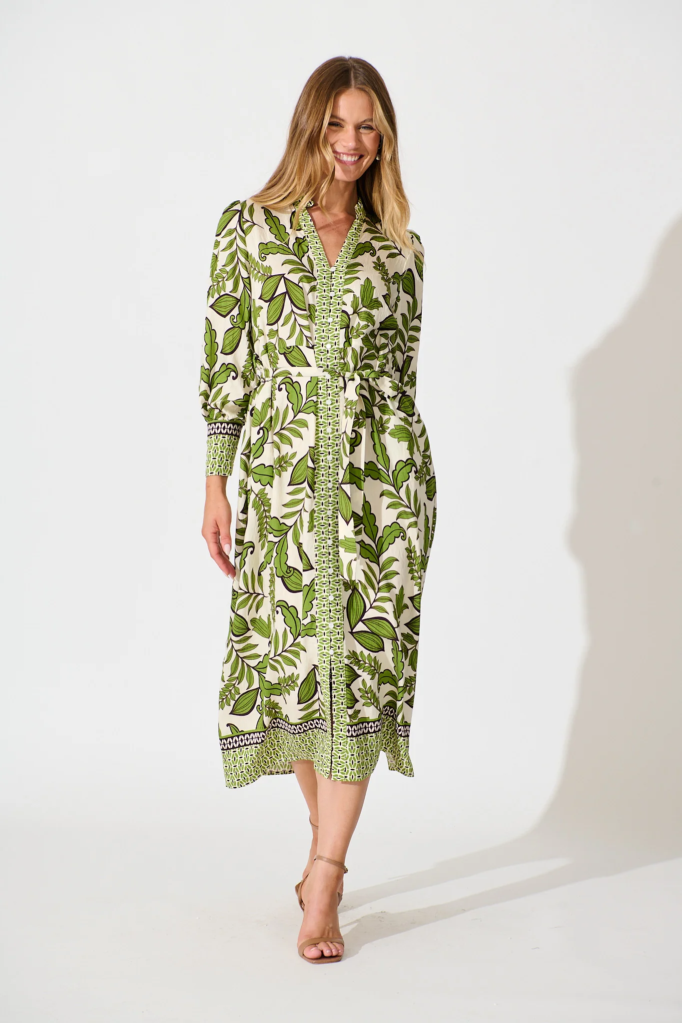Splendour Midi Dress in Cream with Green Leaf