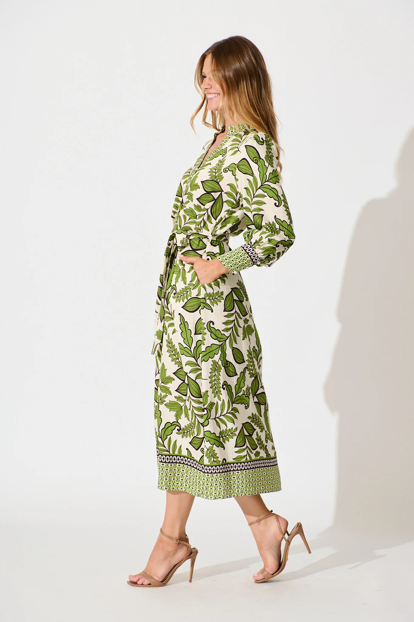 Splendour Midi Dress in Cream with Green Leaf - Image 3