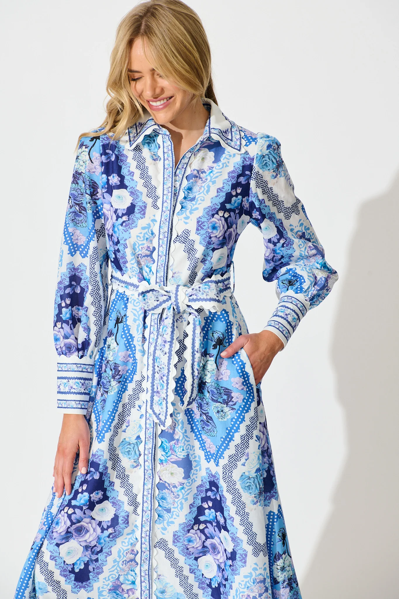 Starfall Midi Shirt Dress in Blue Floral Print Linen Blend - Image 2
