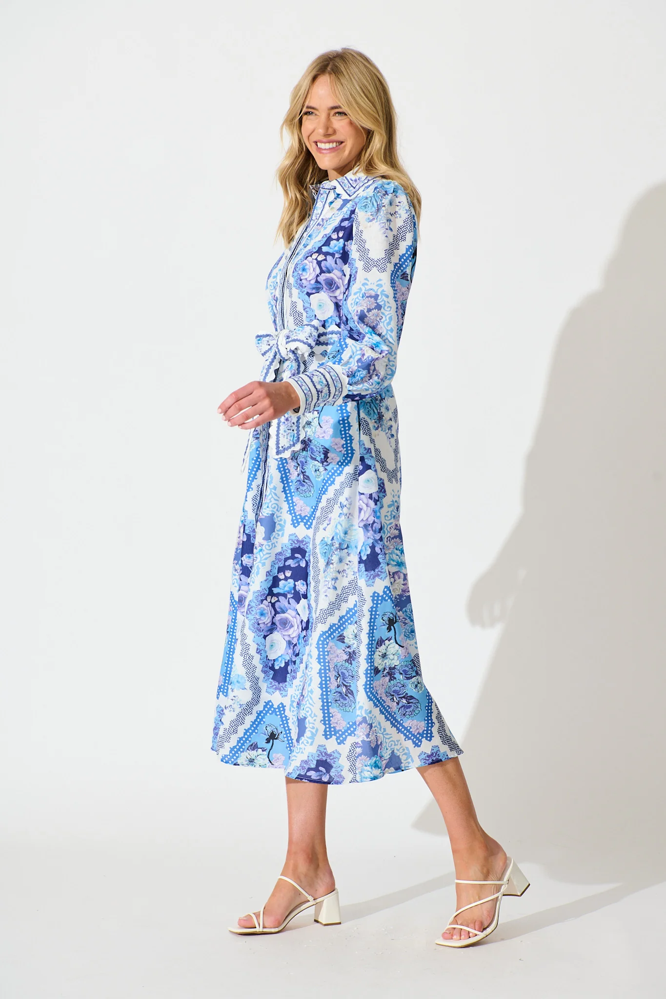 Starfall Midi Shirt Dress in Blue Floral Print Linen Blend - Image 3