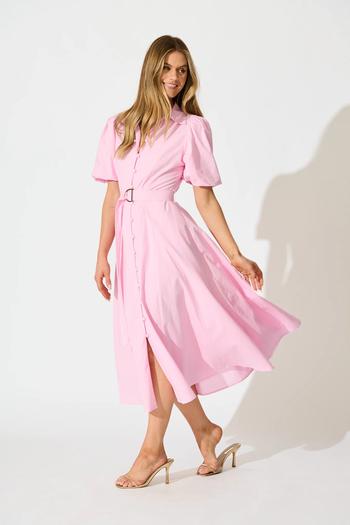 Starlit Midi Shirt Dress in Pink Cotton - Image 3