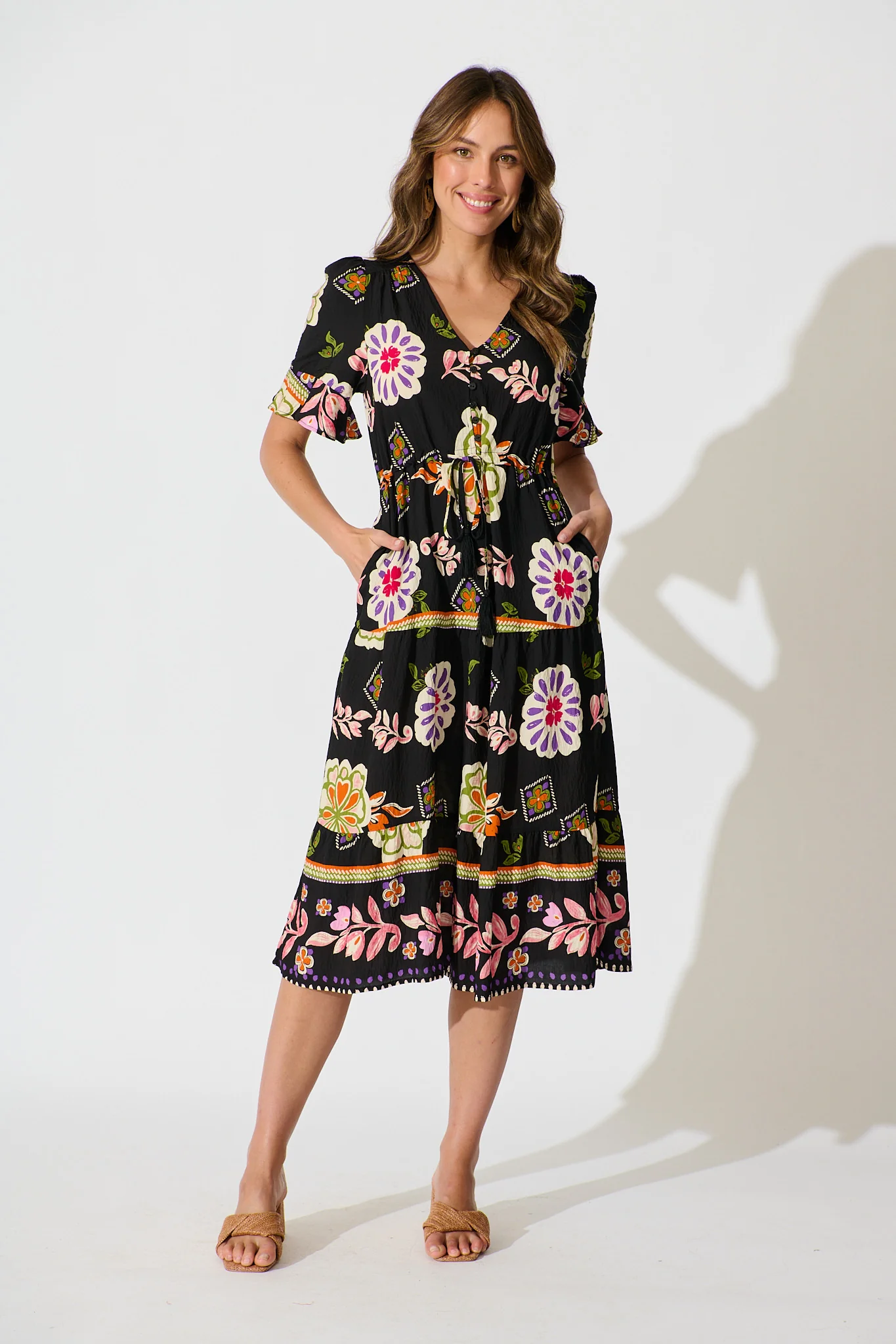 Steele Midi Dress in Black with Multi Floral Print