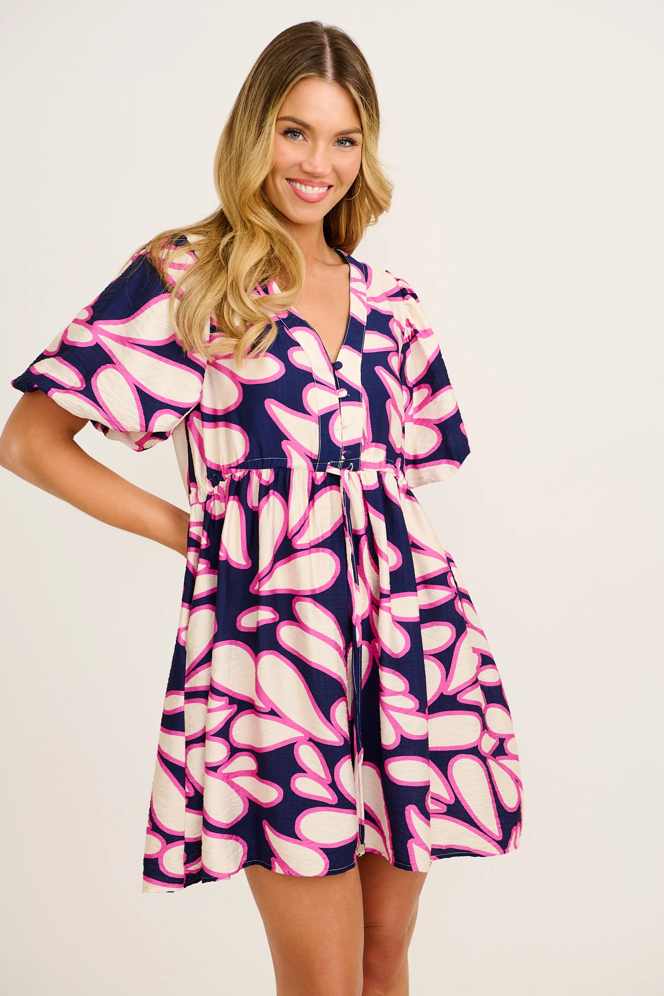 Sunbeam Dress in Navy with Pink Print Linen Blend - Image 2
