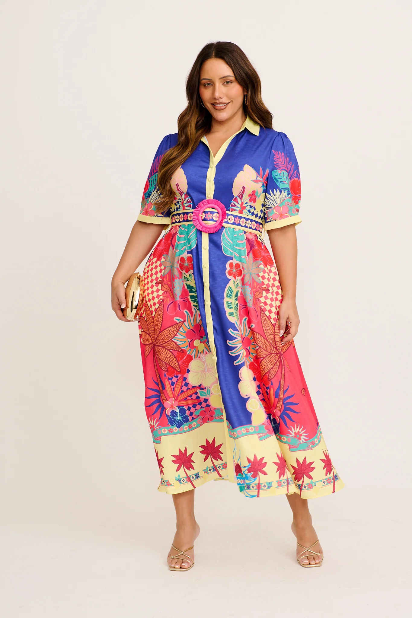 Sunbeam Maxi Shirt Dress in Blue with Multi Print Linen Blend