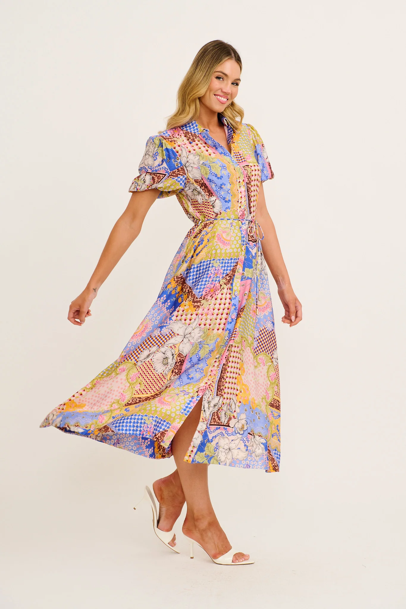 Sundrop Midi Shirt Dress in Multi Patchwork Print - Image 3