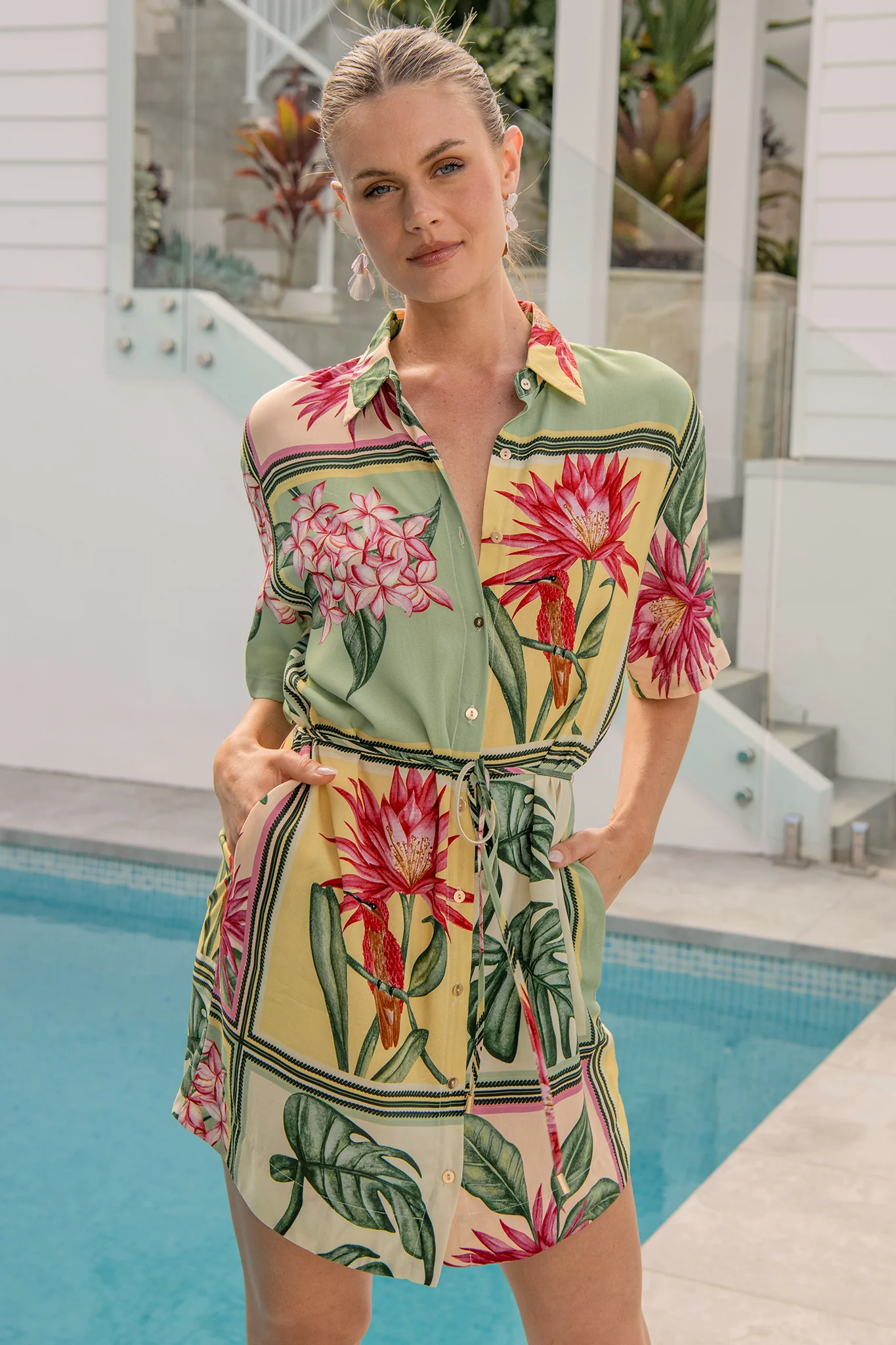 Sunrise Shirt Dress in in Yellow Multi Tile Print - Image 2