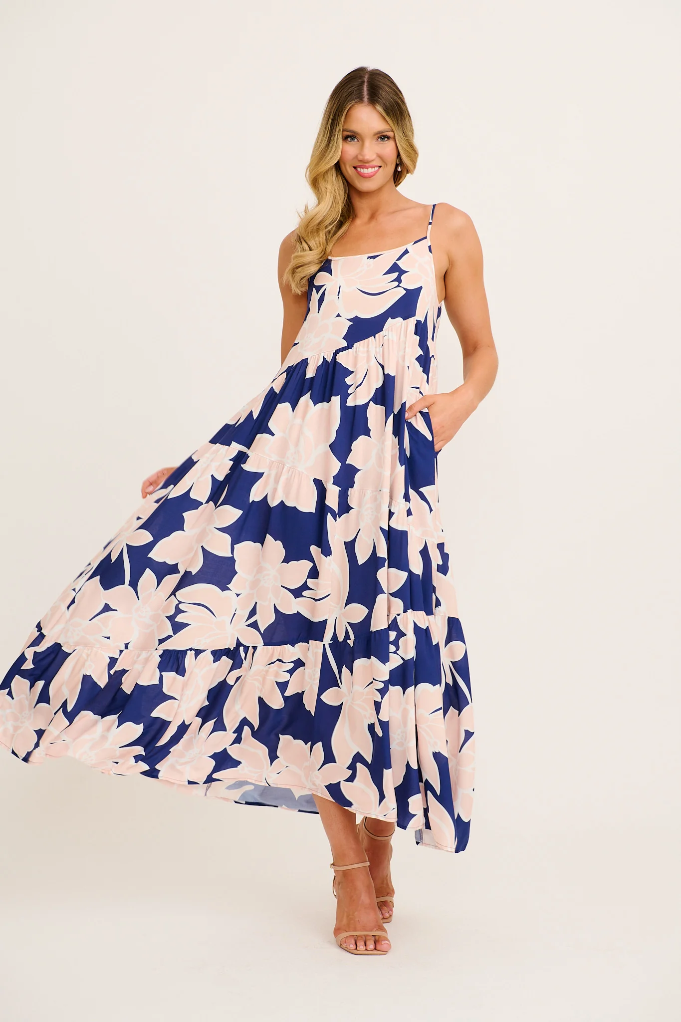 Sunset Rose Maxi Sundress in Navy with Pink Floral