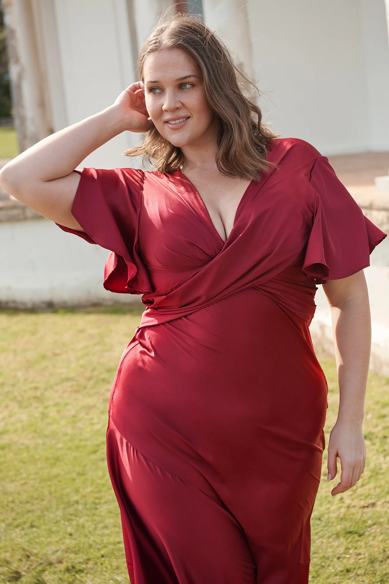 Sunset Serenade Maxi Dress in Wine Satin - Image 7