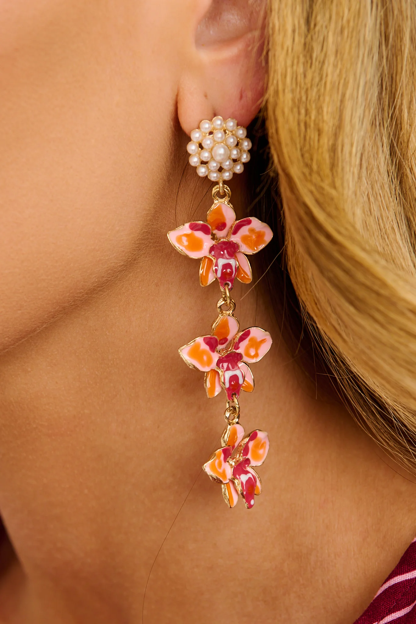 Suri Drop Earrings in Red Floral Cluster with Pearl