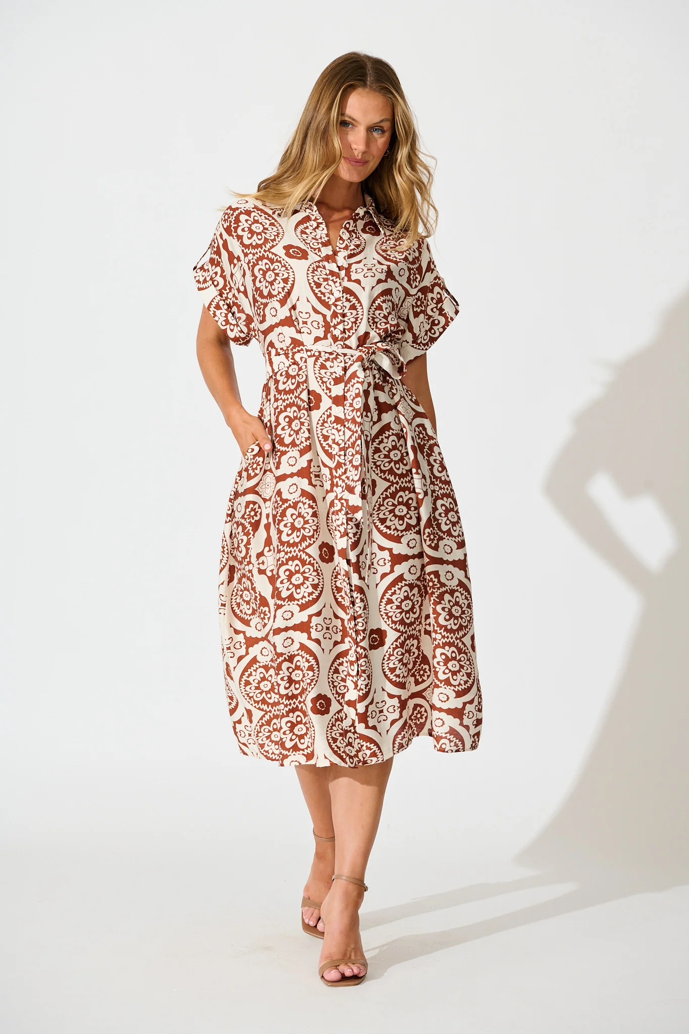 Sweet Talk Midi Shirt Dress in Brown Print