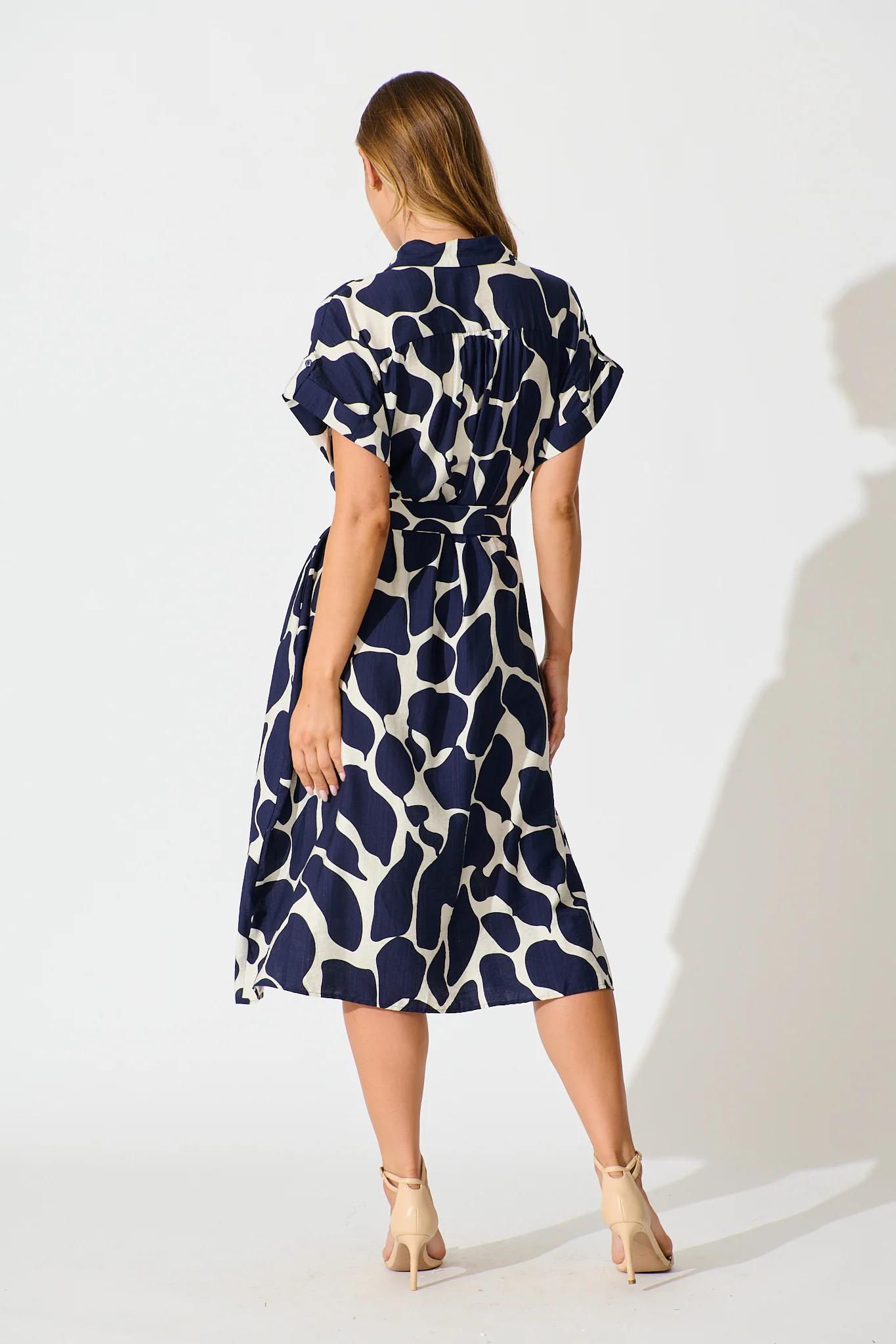 Sweet Talk Midi Shirt Dress in Navy and Cream Print - Image 4