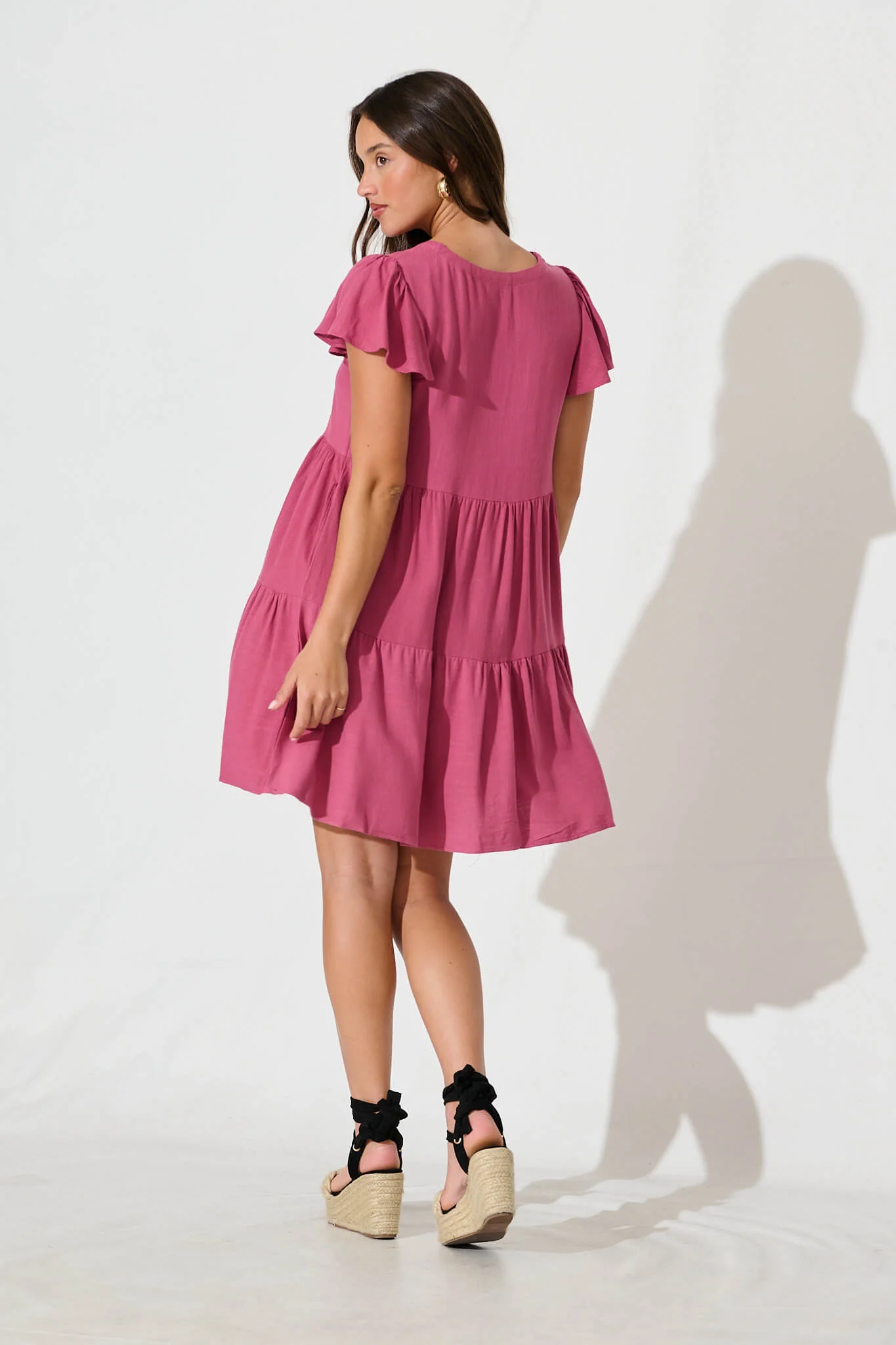 Tahiti Smock Dress In Deep Rose Linen Blend - Image 4