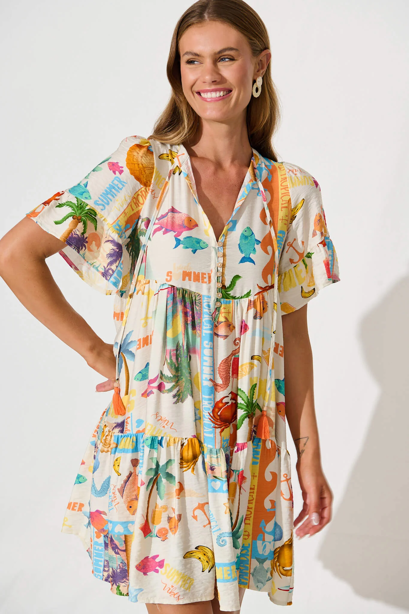 Tahnee Smock Dress In Cream With Multi Summer Print - Image 2