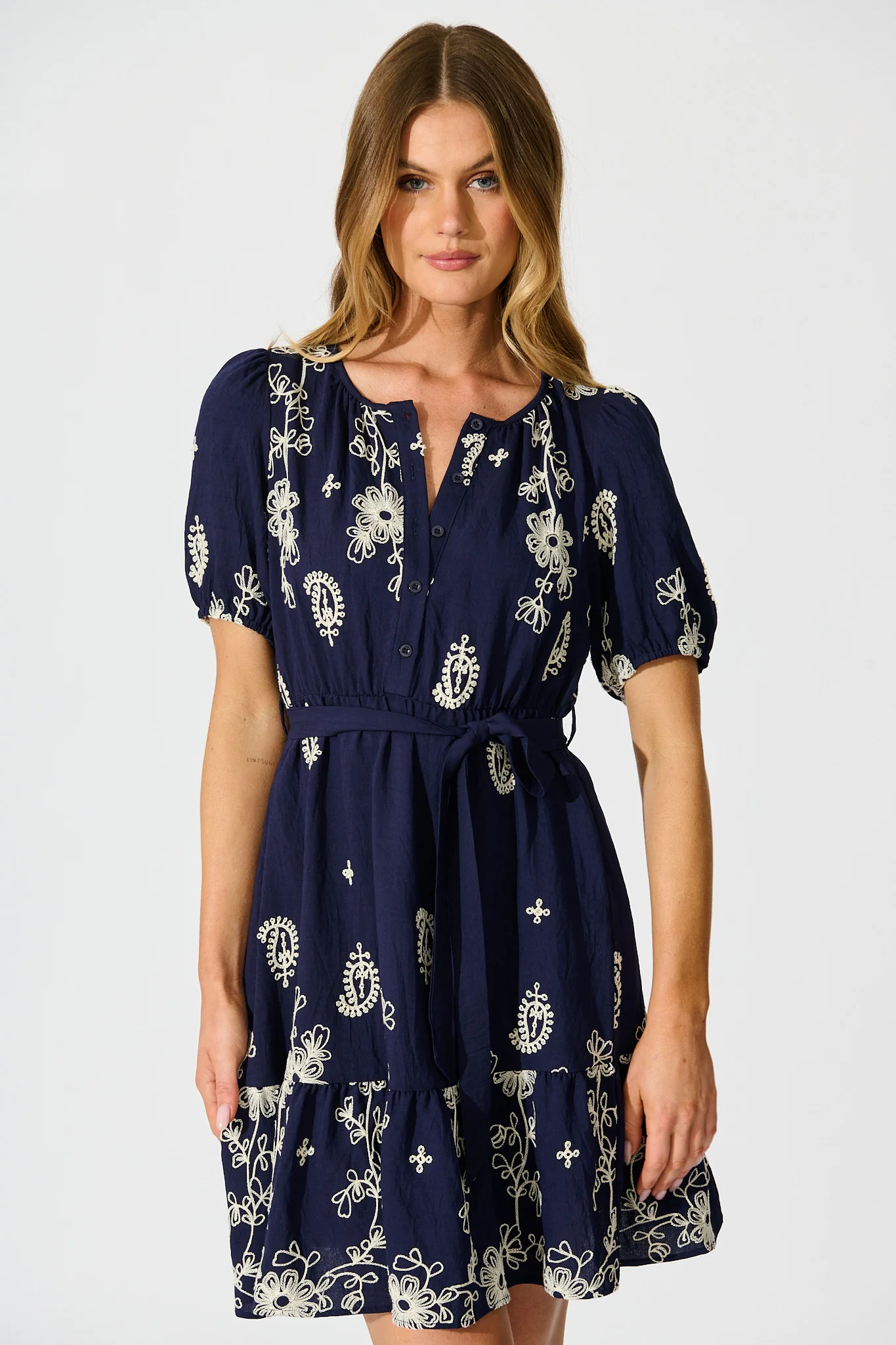 Tainted Love Dress in Navy with Cream Embroidery - Image 2
