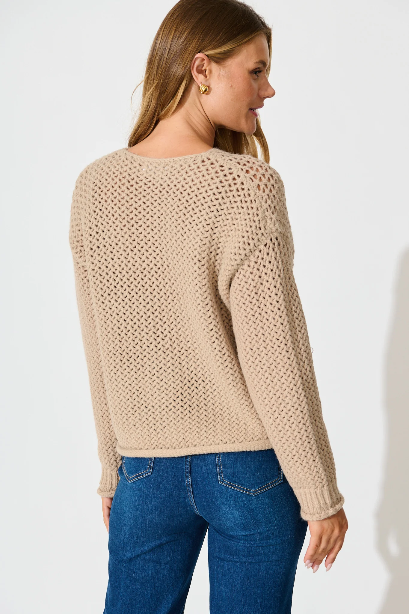 Tala Knit Cardigan in Beige with Gold Buttons Wool Blend - Image 3
